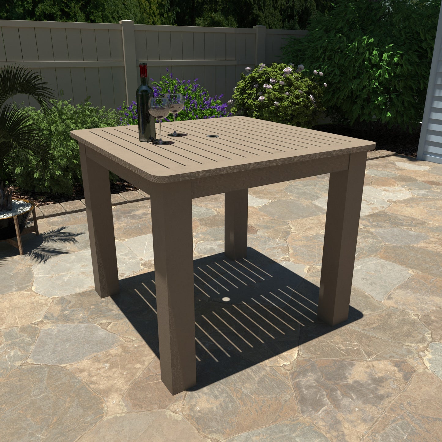 Light brown Homestead 42x42 counter height table with wine and glasses