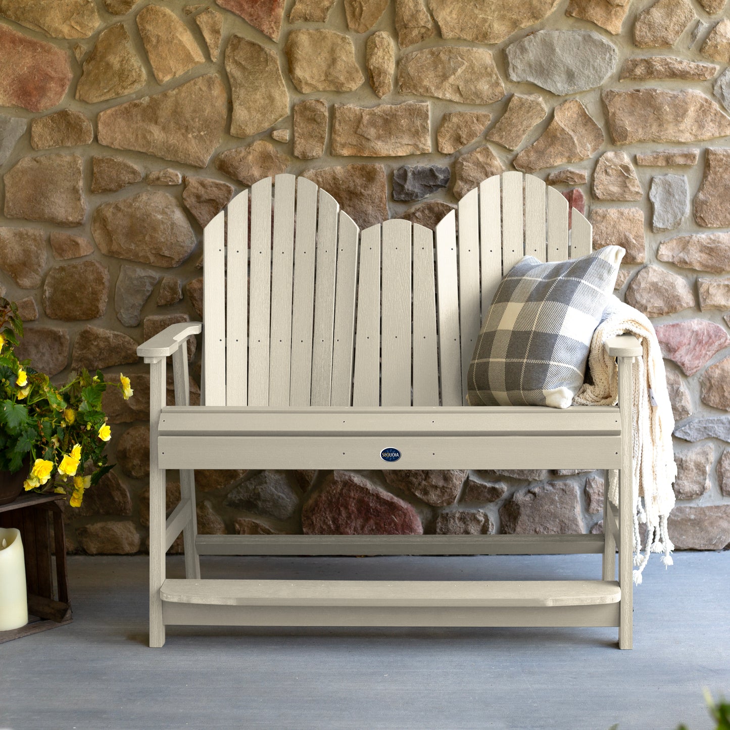 Whitewash Lighthouse counter height Adirondack bench against stone wall