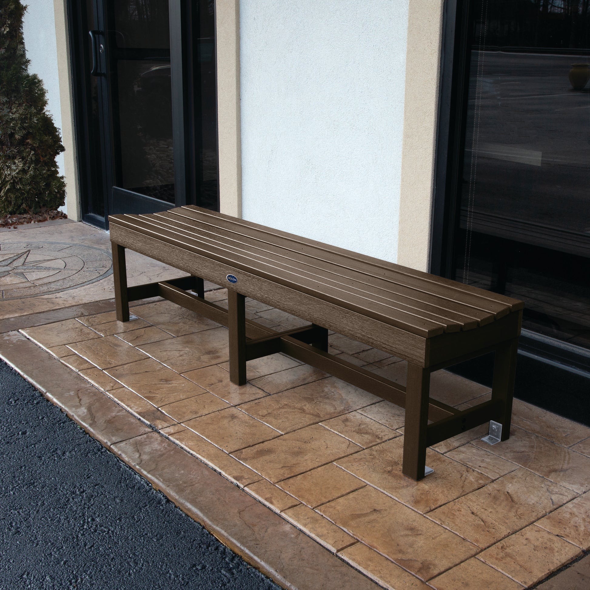 6ft brown Blue Ridge backless bench on stone porch