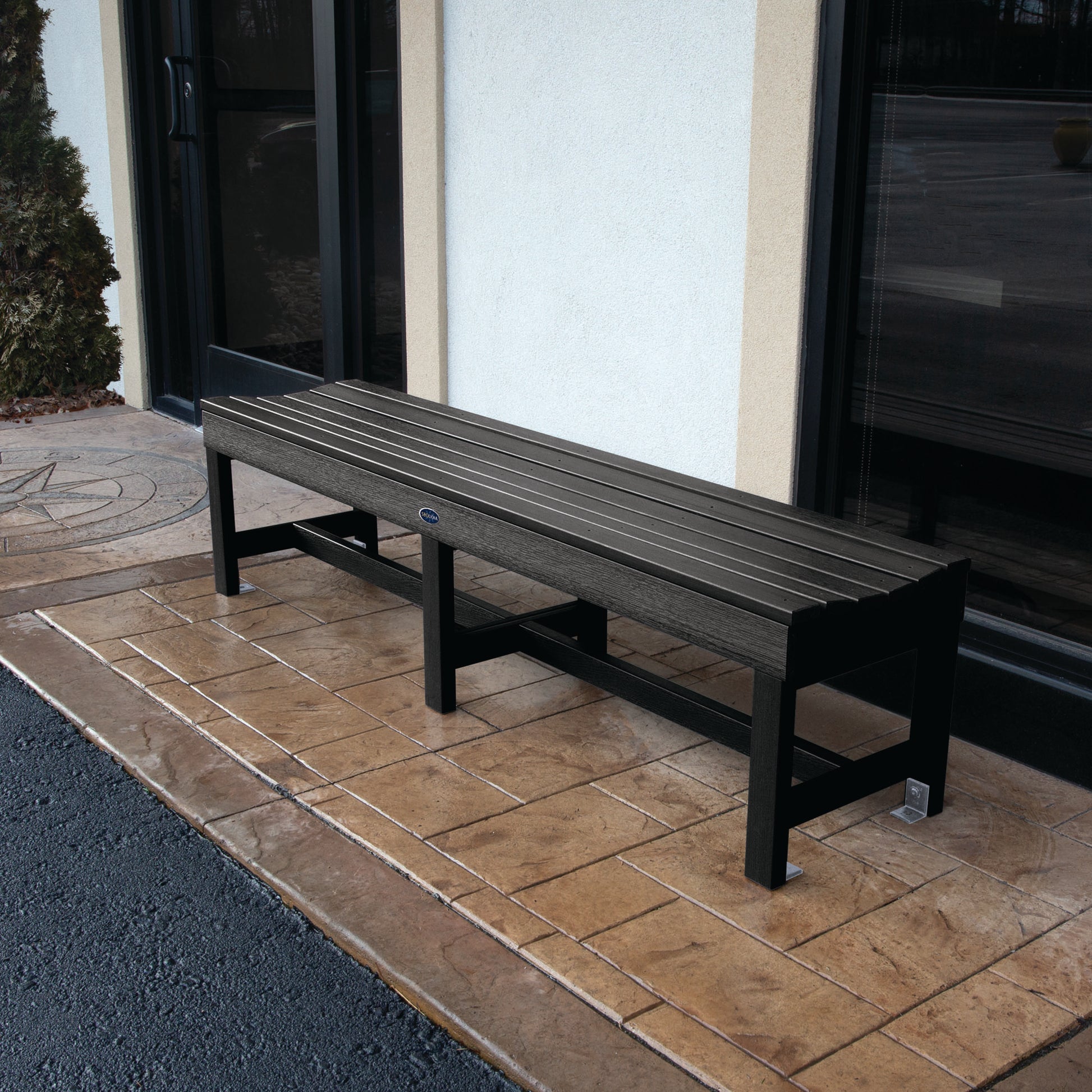 6ft black Blue Ridge backless bench on stone porch