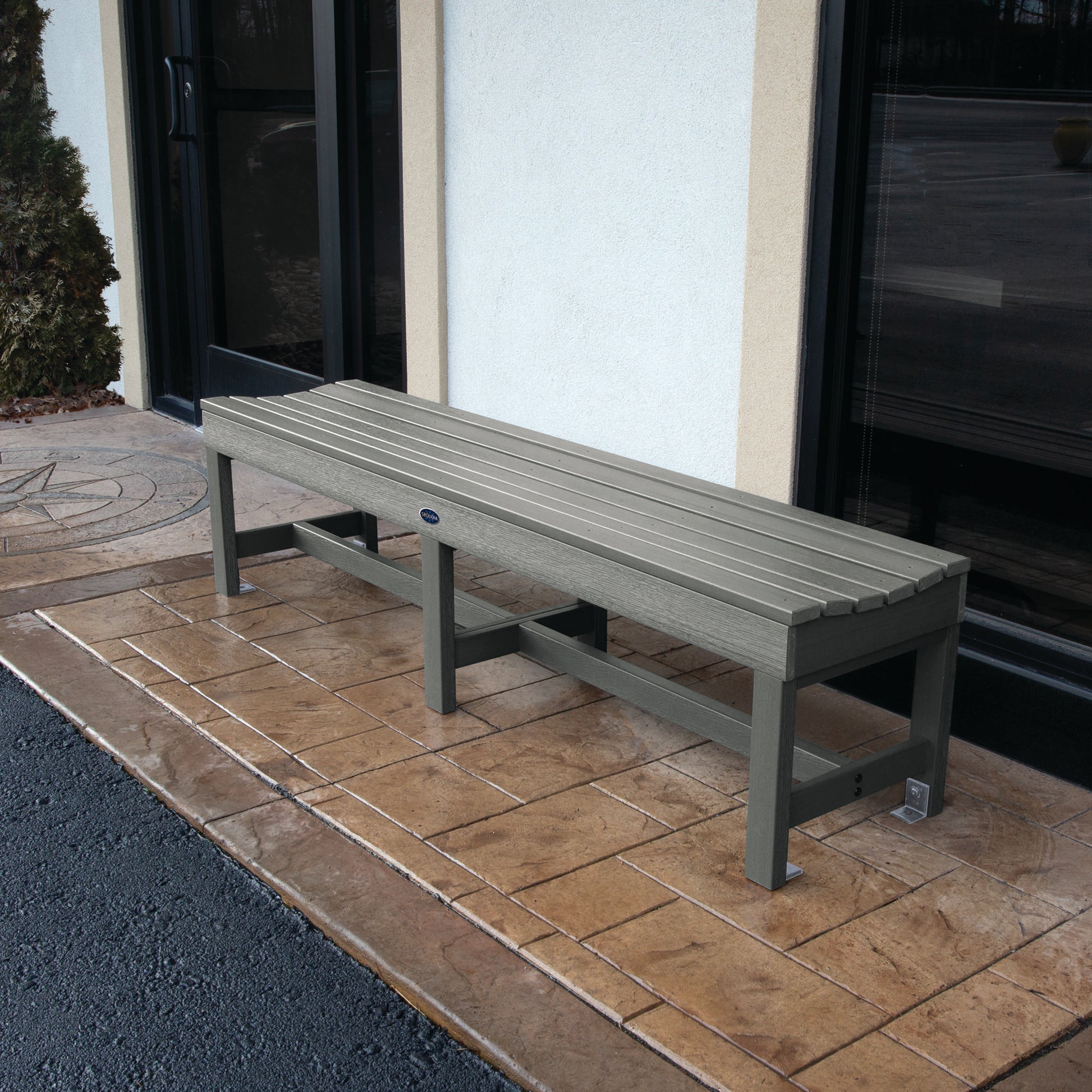 6ft light gray Blue Ridge backless bench on stone porch