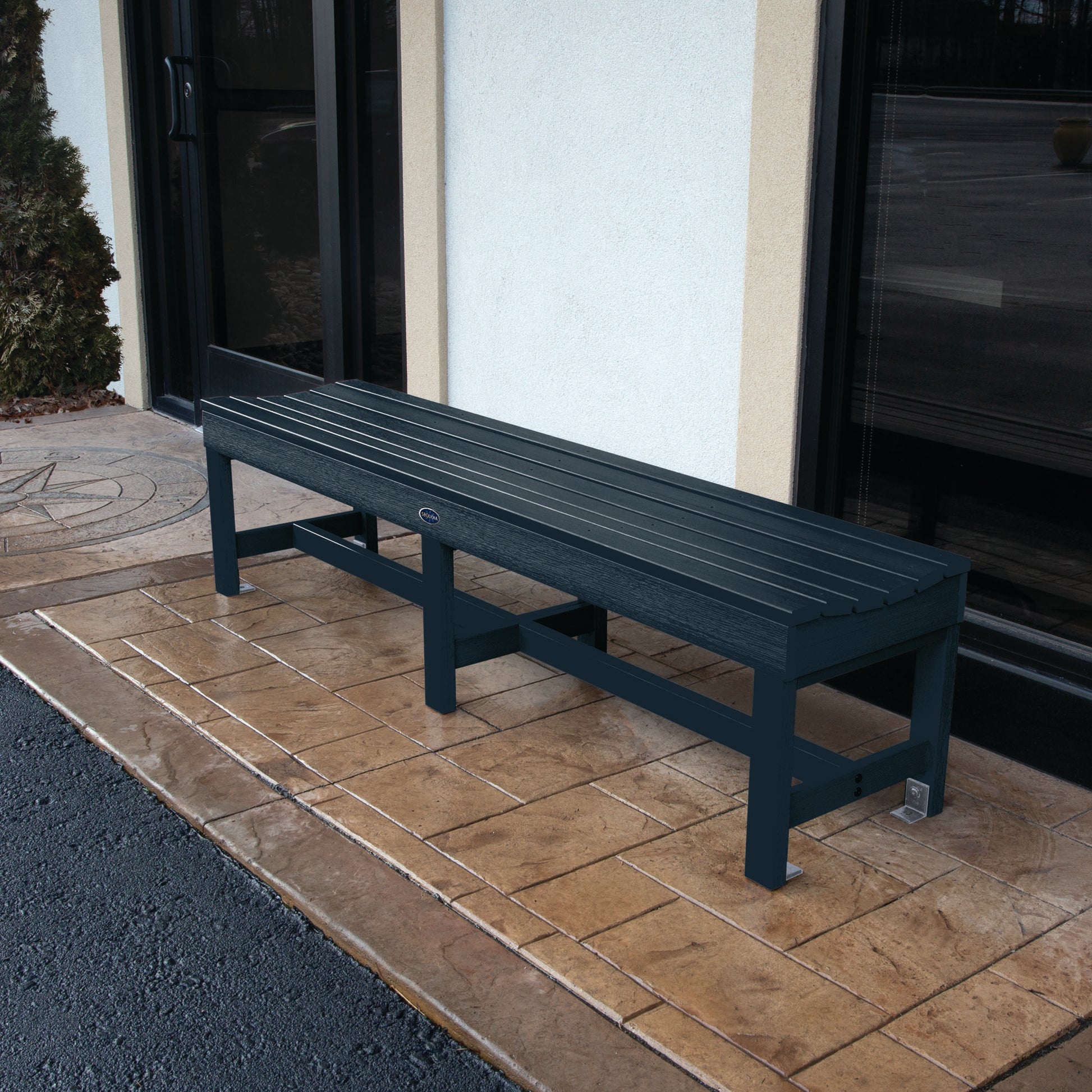 6ft dark blue Blue Ridge backless bench on stone porch
