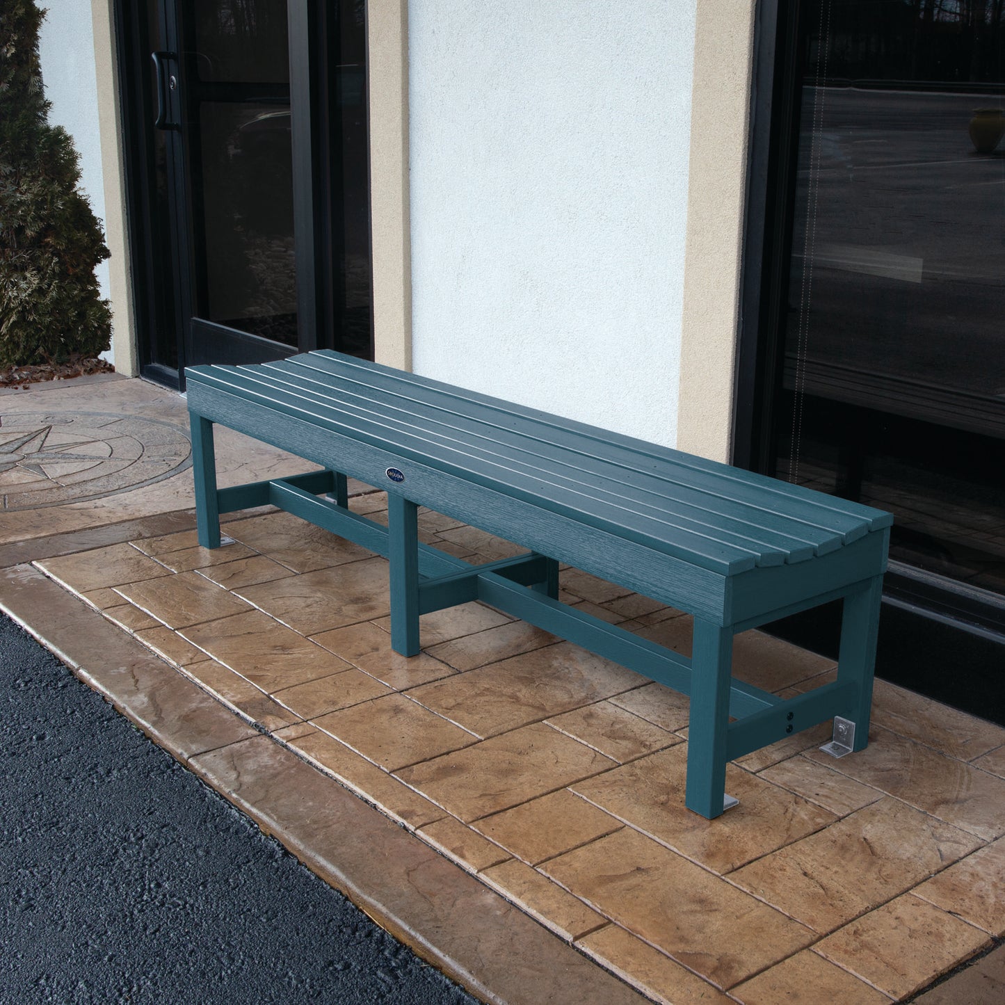 6ft light blue Blue Ridge backless bench on stone porch
