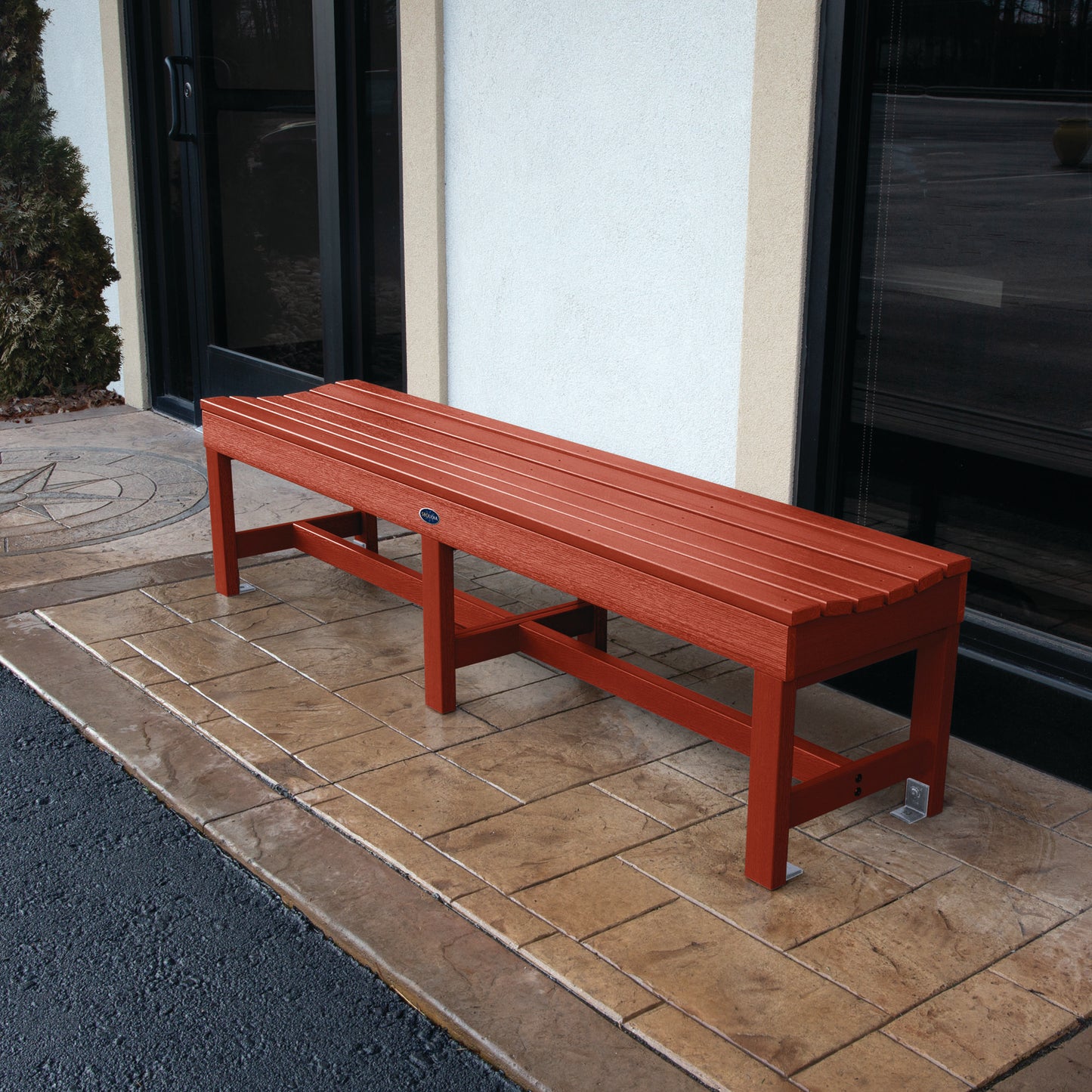 6ft red Blue Ridge backless bench on stone porch