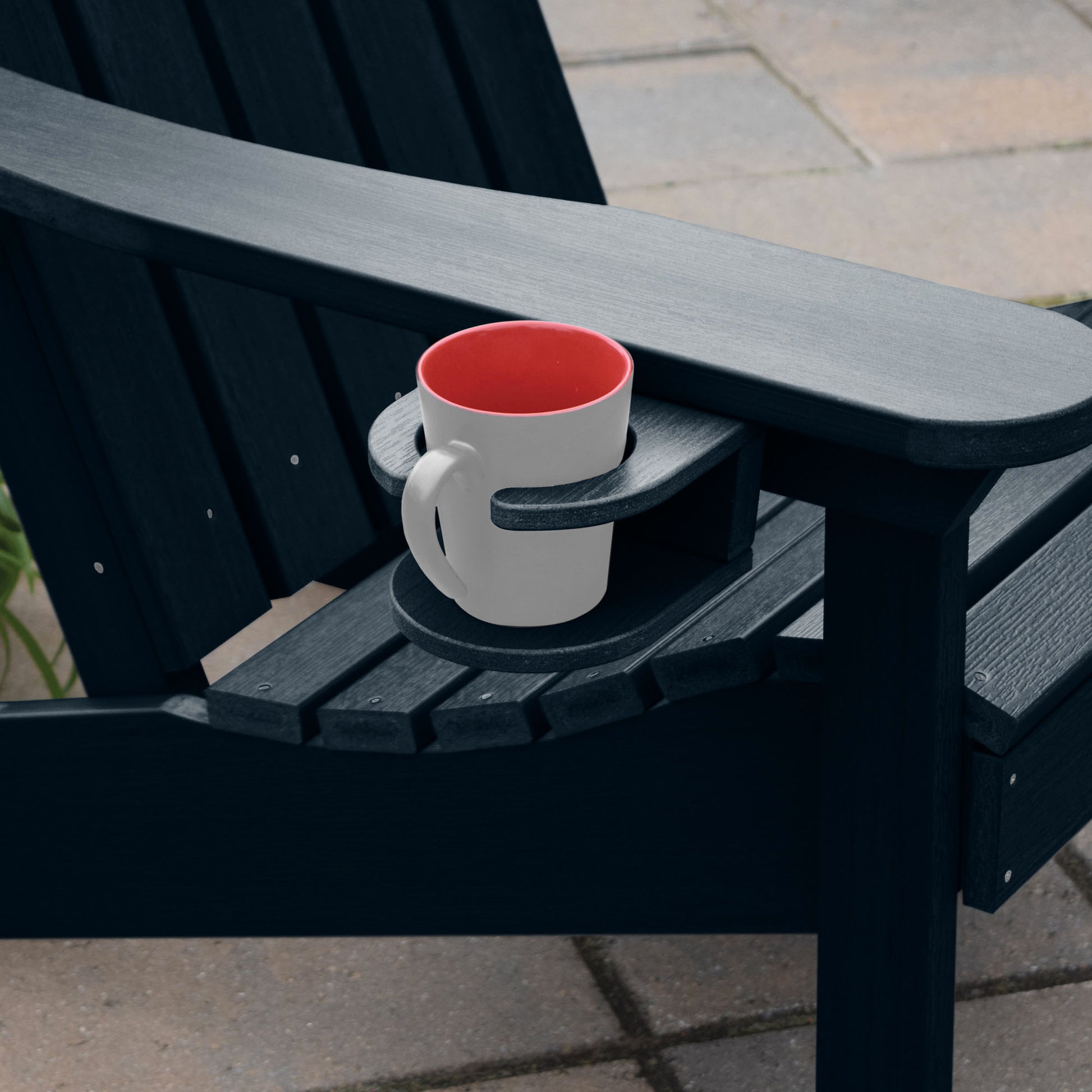 Dark Blue Adirondack chair and cupholder with mug