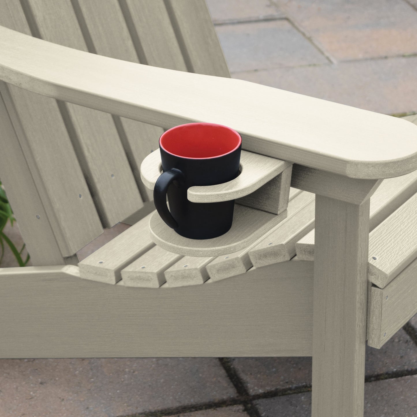 Whitewash Adirondack chair and cupholder with mug
