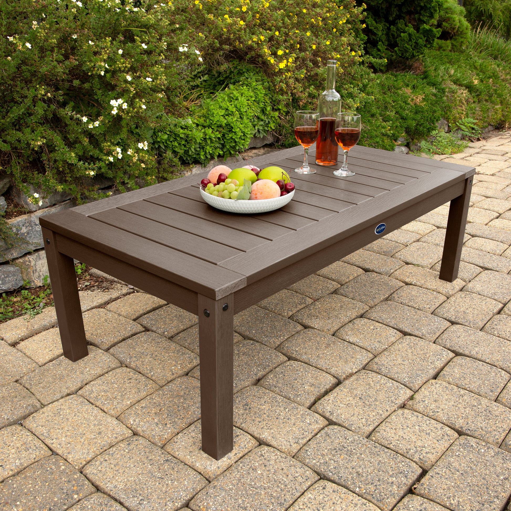Brown Adirondack Conversation table with wine and fruit bowl