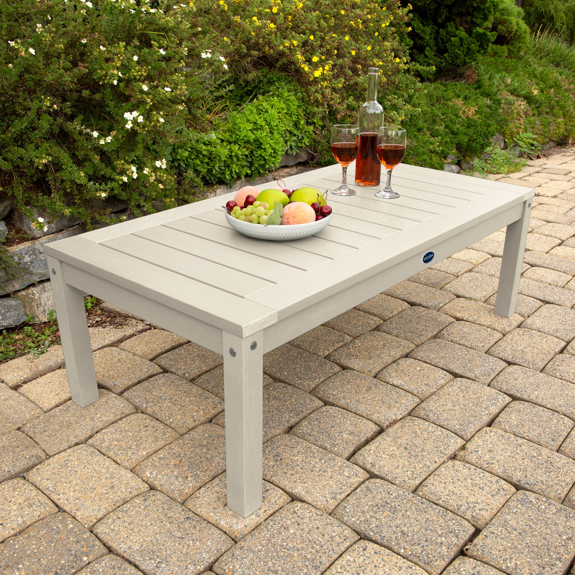 Whitewash Adirondack Conversation table with wine and fruit bowl
