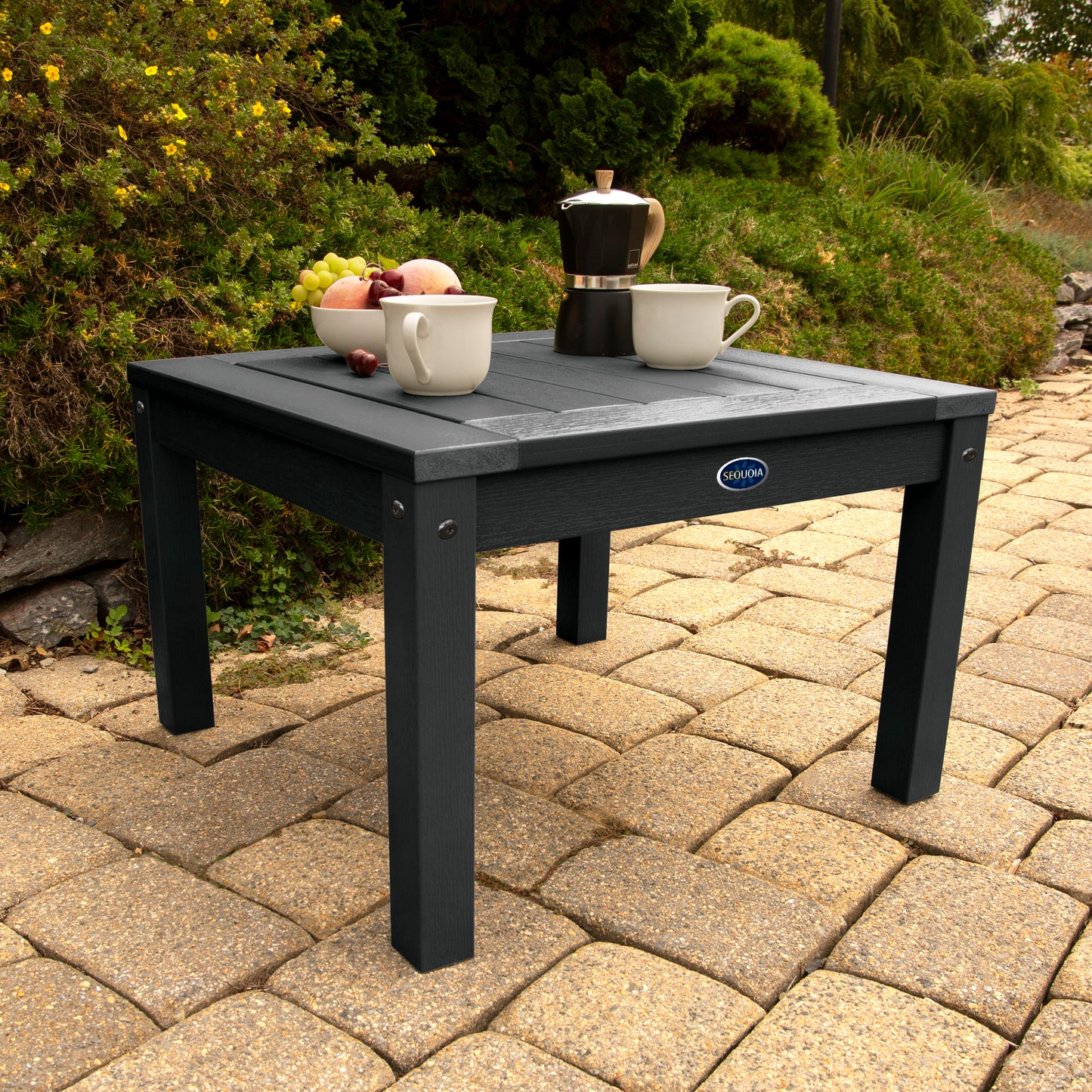 Black Adirondack side table with coffee and fruit bowl