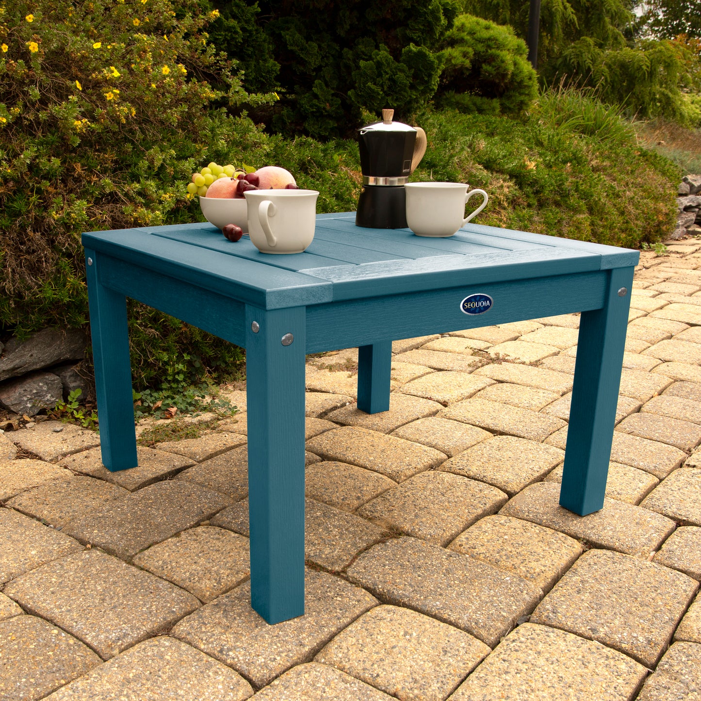 Light blue Adirondack side table with coffee and fruit bowl