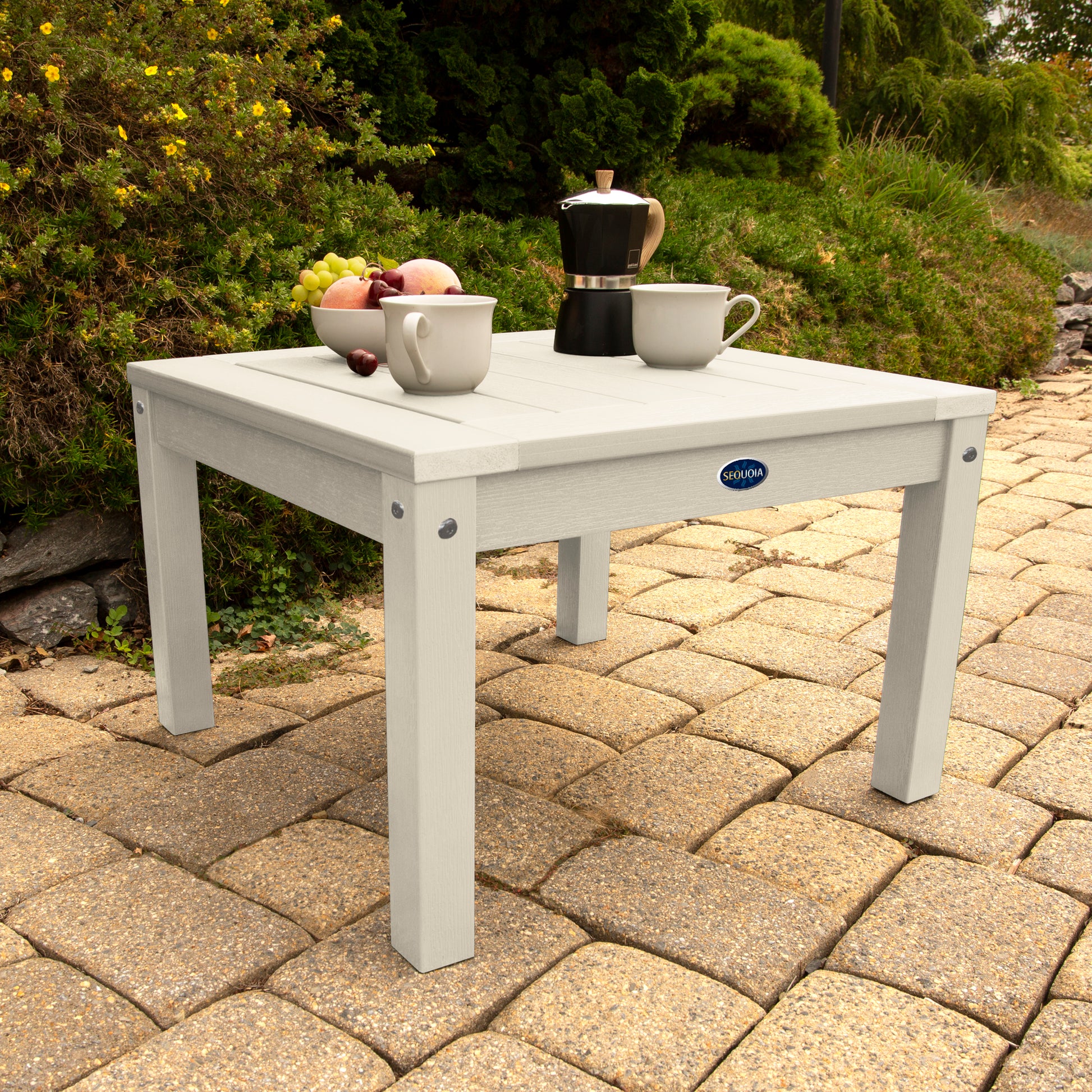 Whitewash Adirondack side table with coffee and fruit bowl