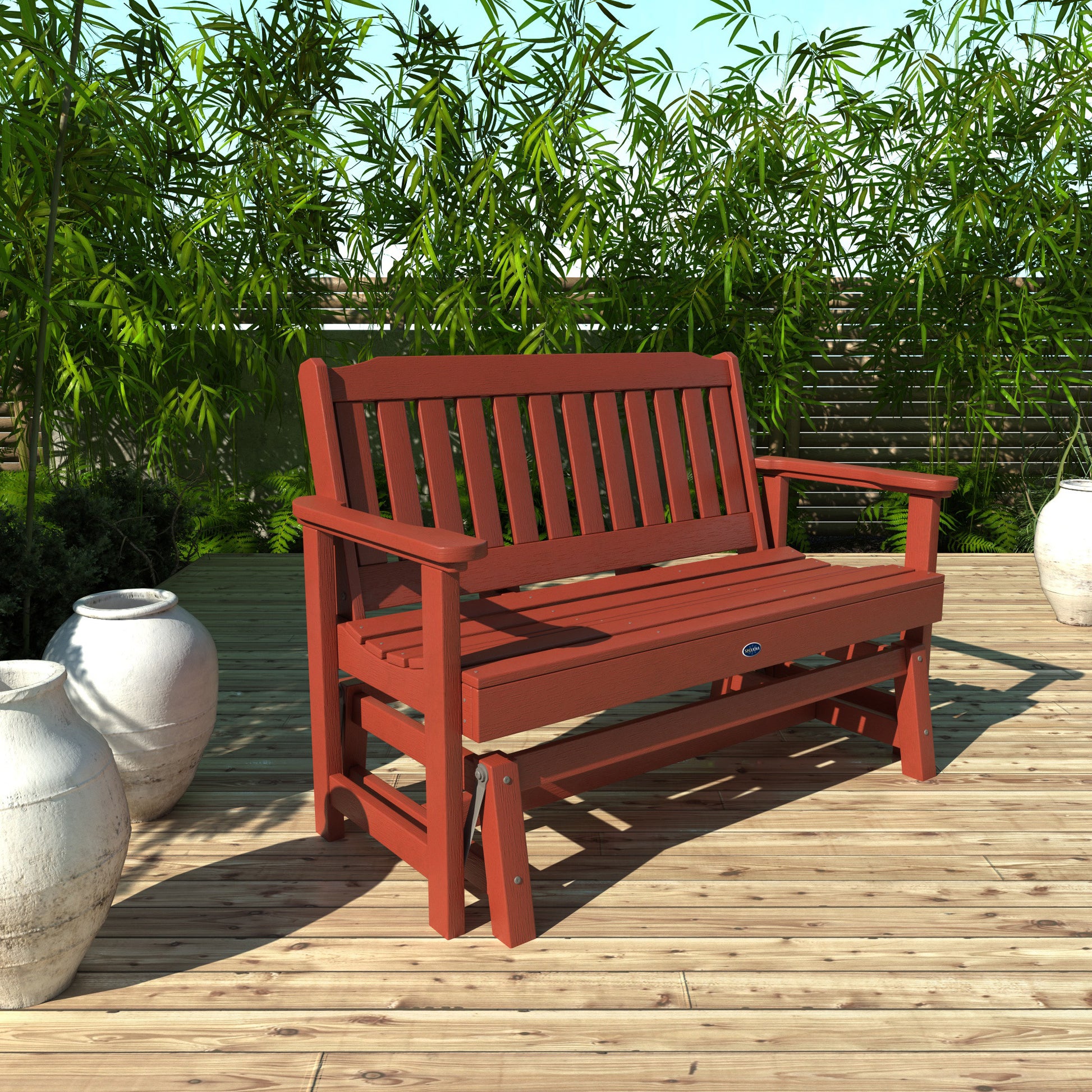 4ft red Blue Ridge glider bench on wooden patio with plants in background