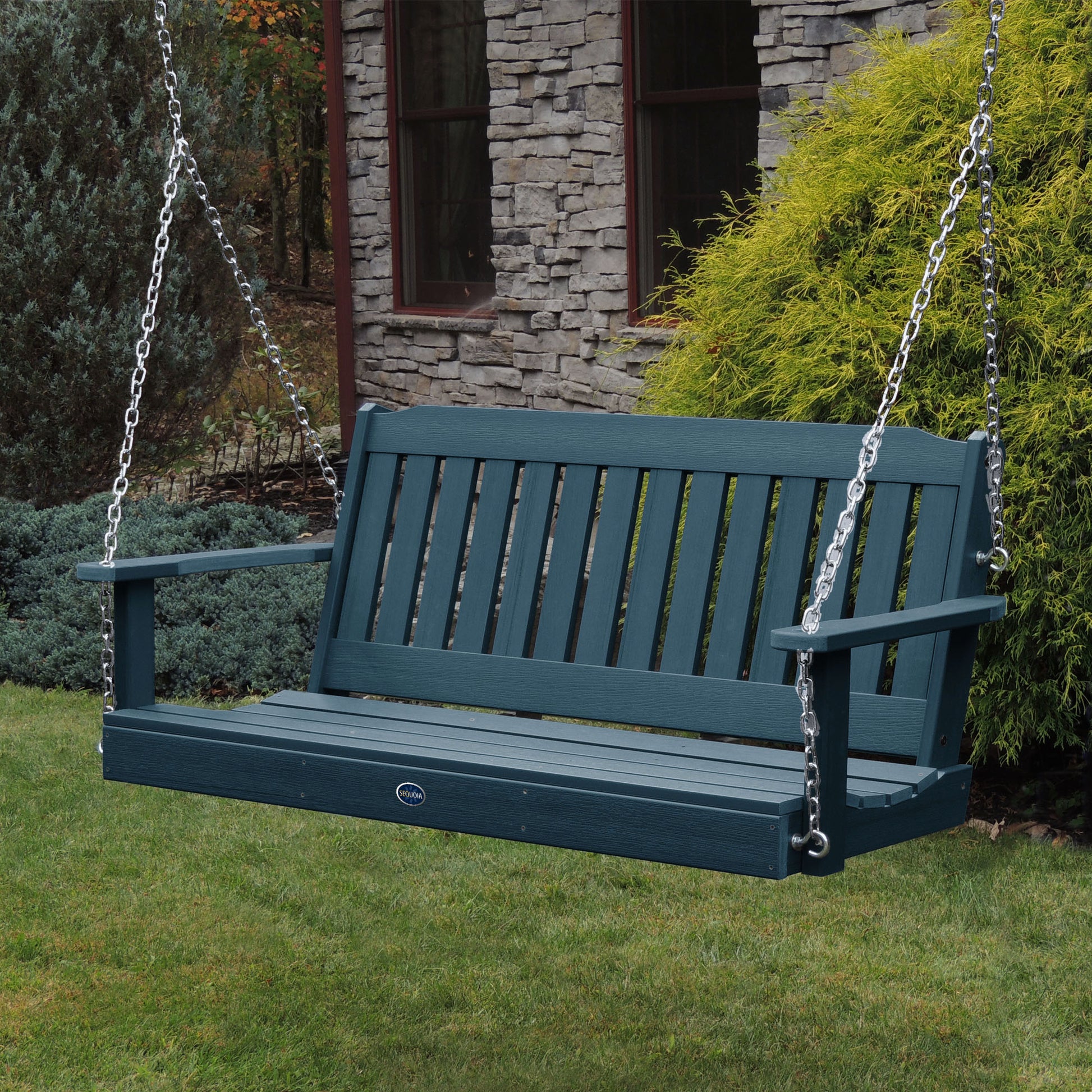 Light blue 5ft Blue Ridge porch swing with stone house in background
