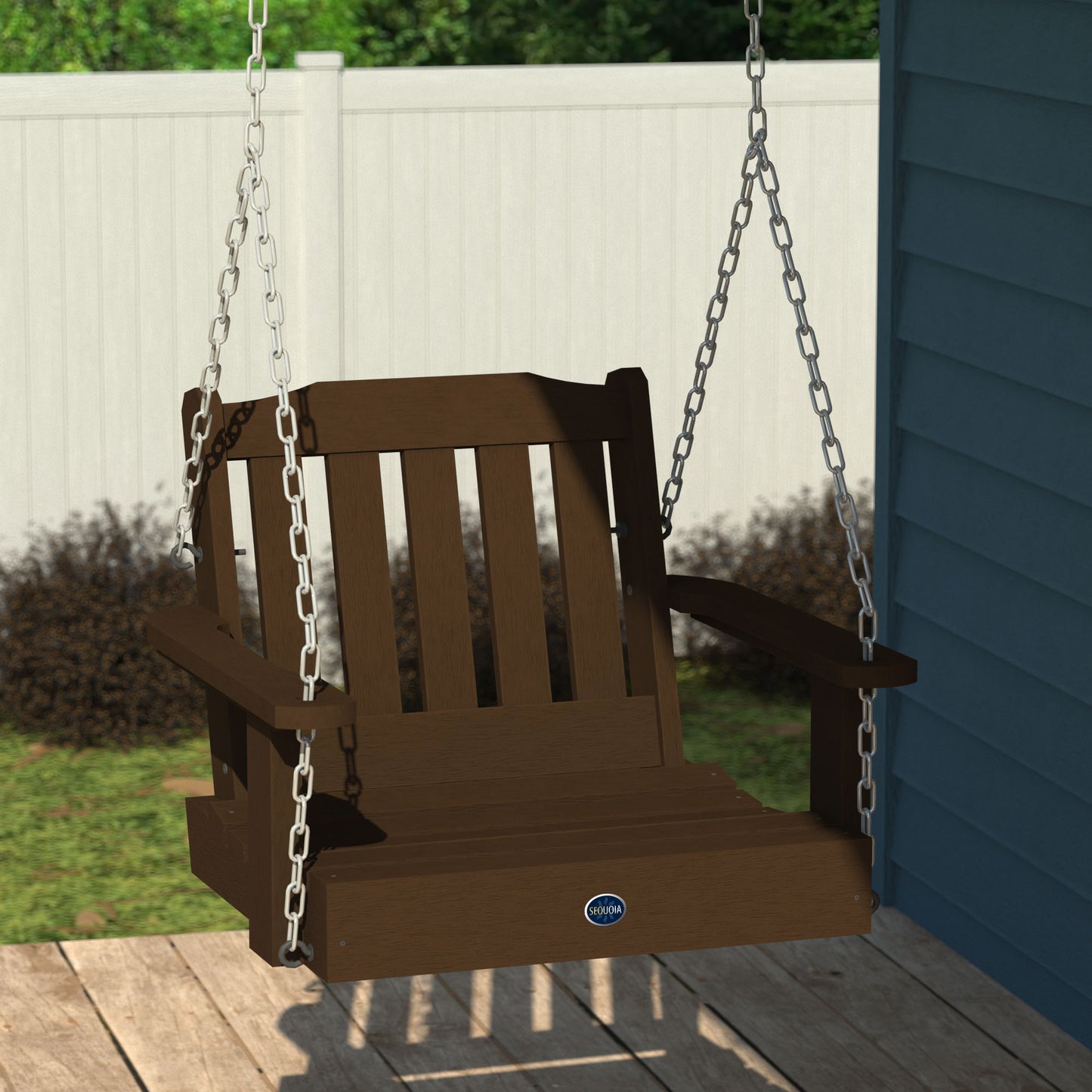 Brown single seat Blue Ridge porch swing hanging from porch