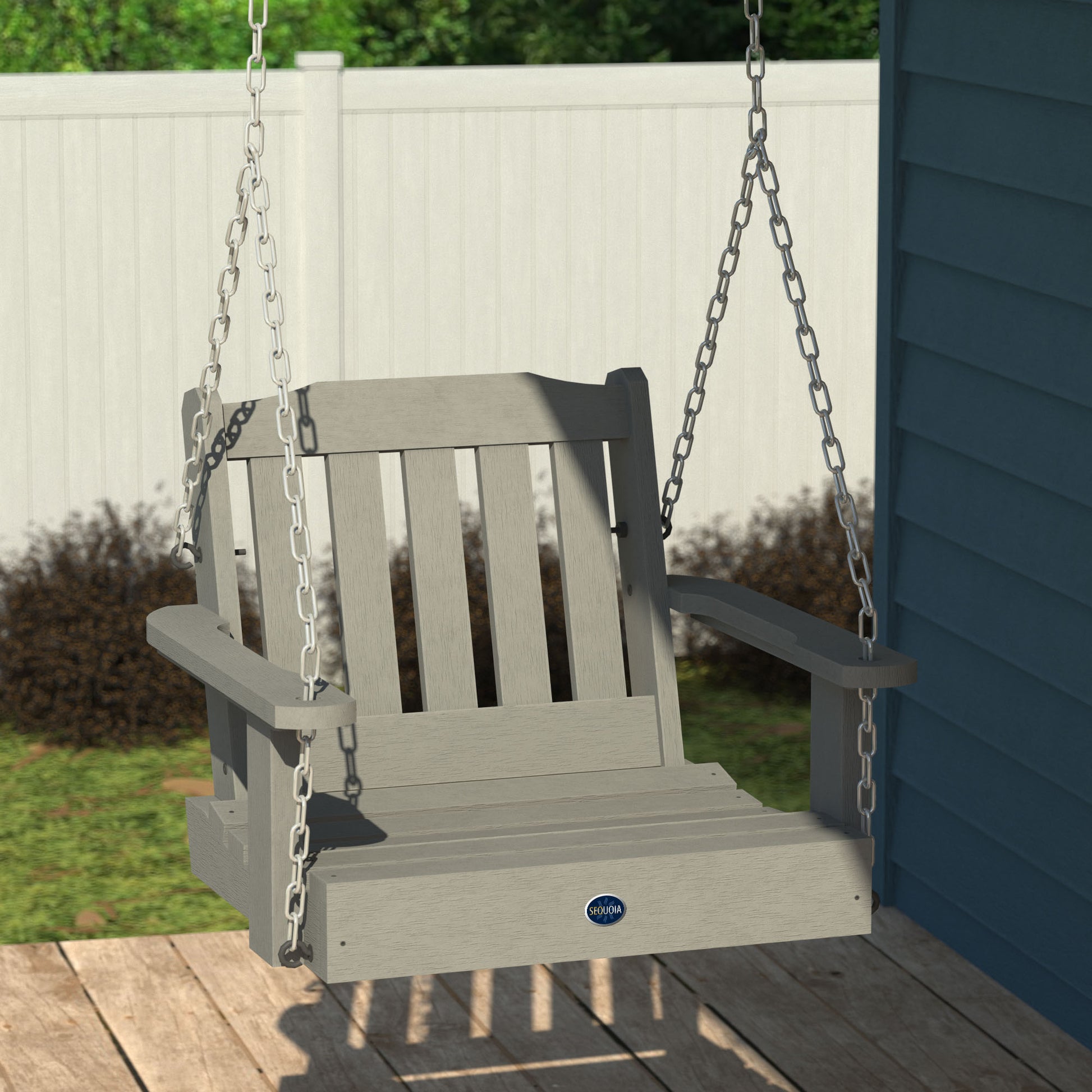 Gray single seat Blue Ridge porch swing hanging from porch