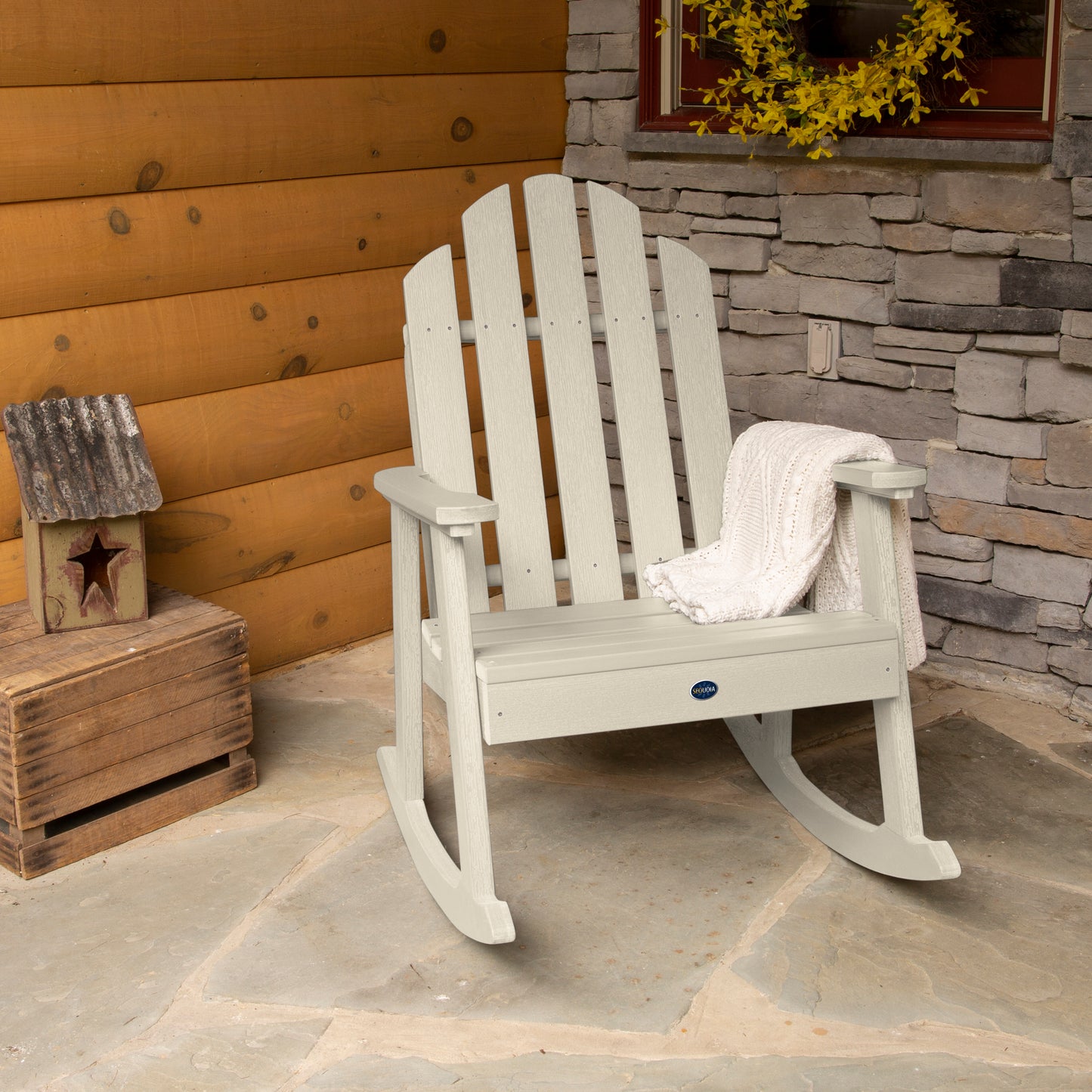 Whitewash Lighthouse Garden Rocking Chair on porch with blanket
