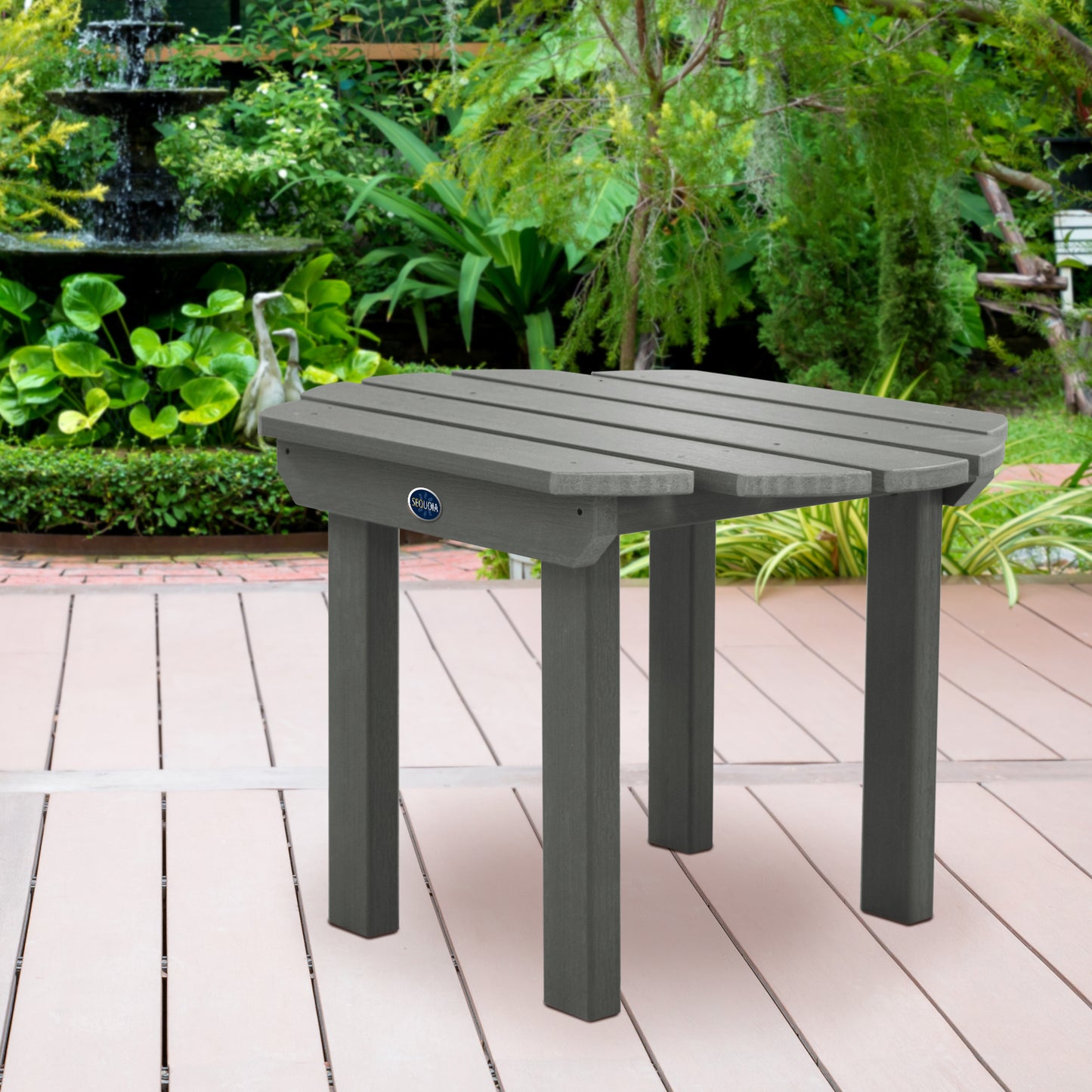 Gray Lighthouse side table on wooden patio