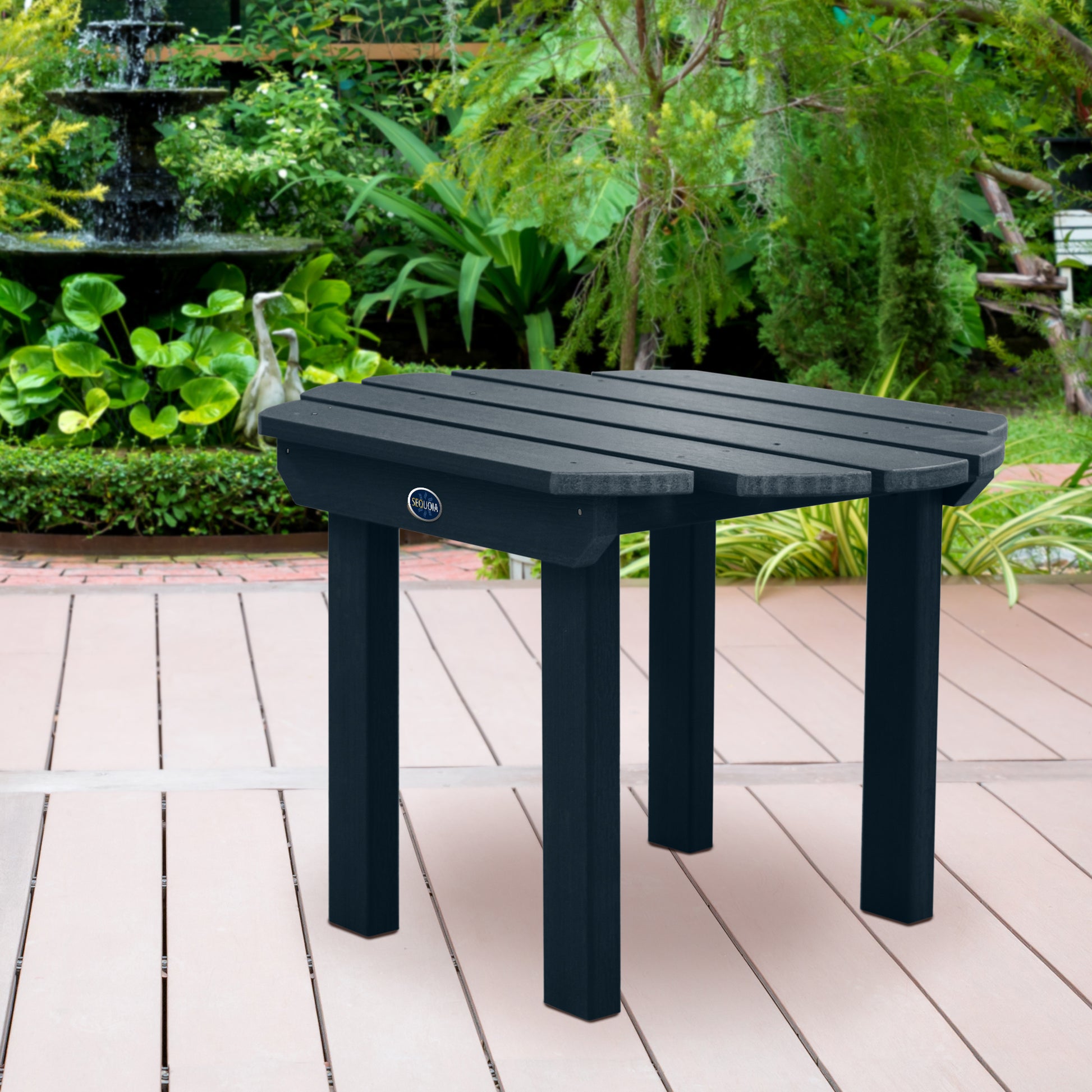 Dark blue Lighthouse side table on wooden patio