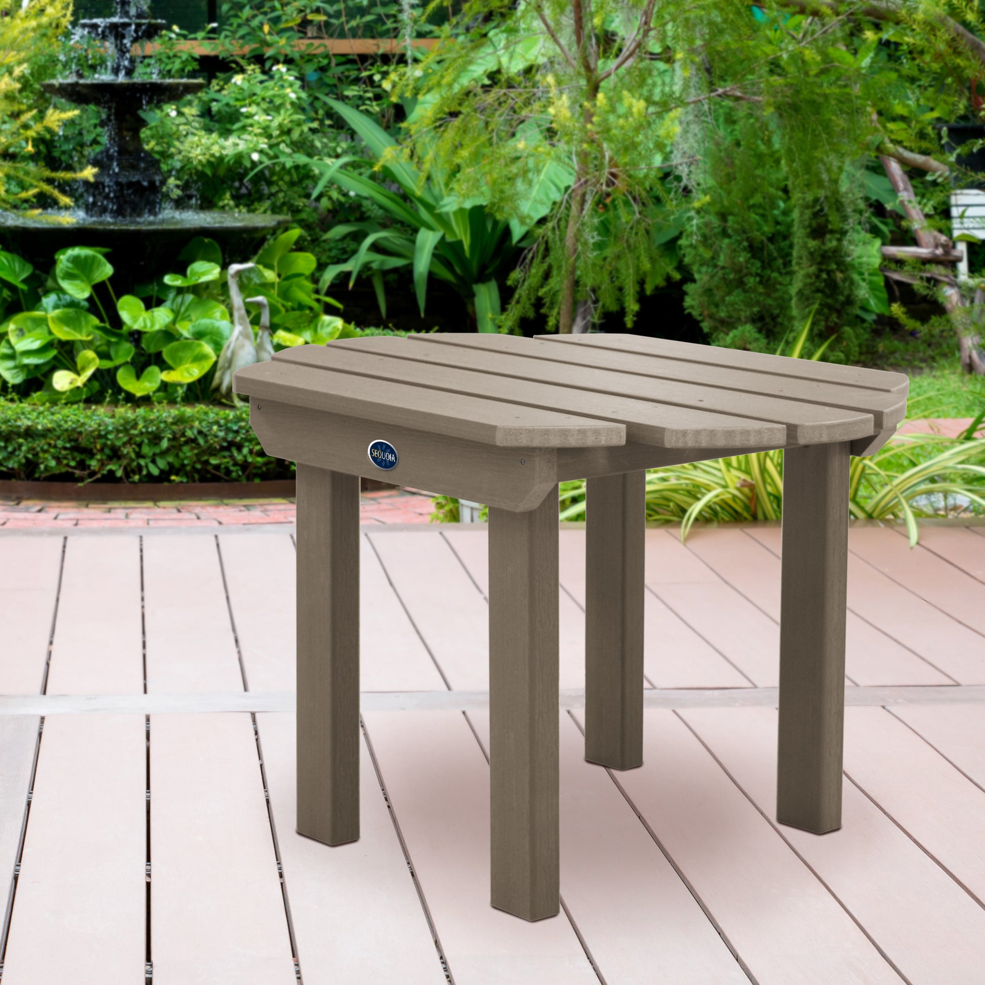 Light brown Lighthouse side table on wooden patio