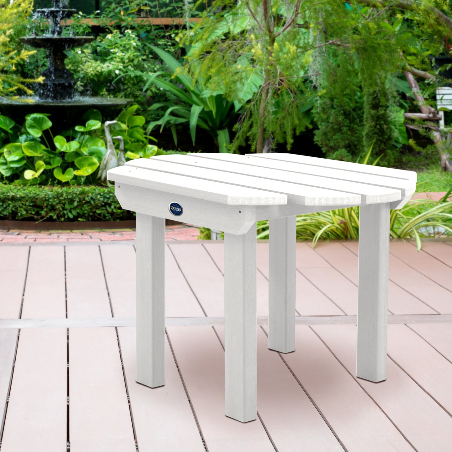 White Lighthouse side table on wooden patio