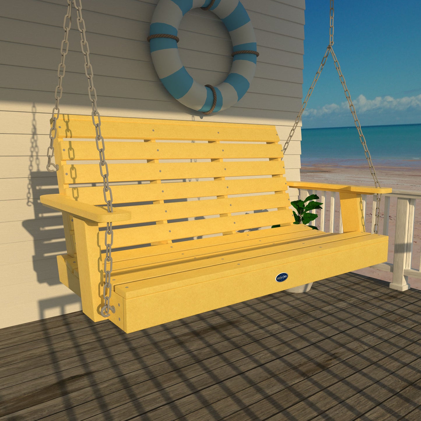 Yellow Sunrise Coast 4ft porch swing on a deck with life preserver