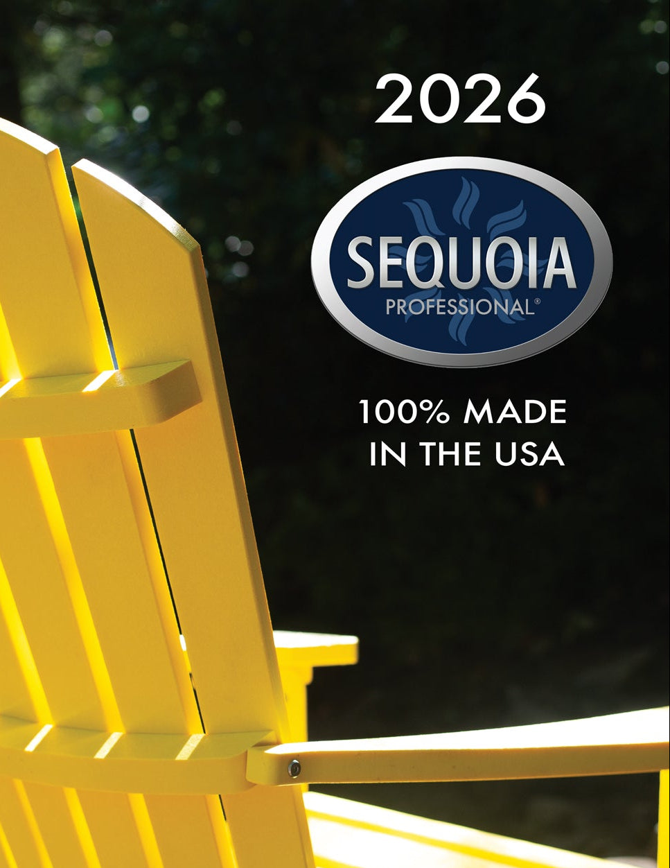 Yellow chair with Sequoia Professional logo and text '2026, 100% Made in the USA' on a dark background.