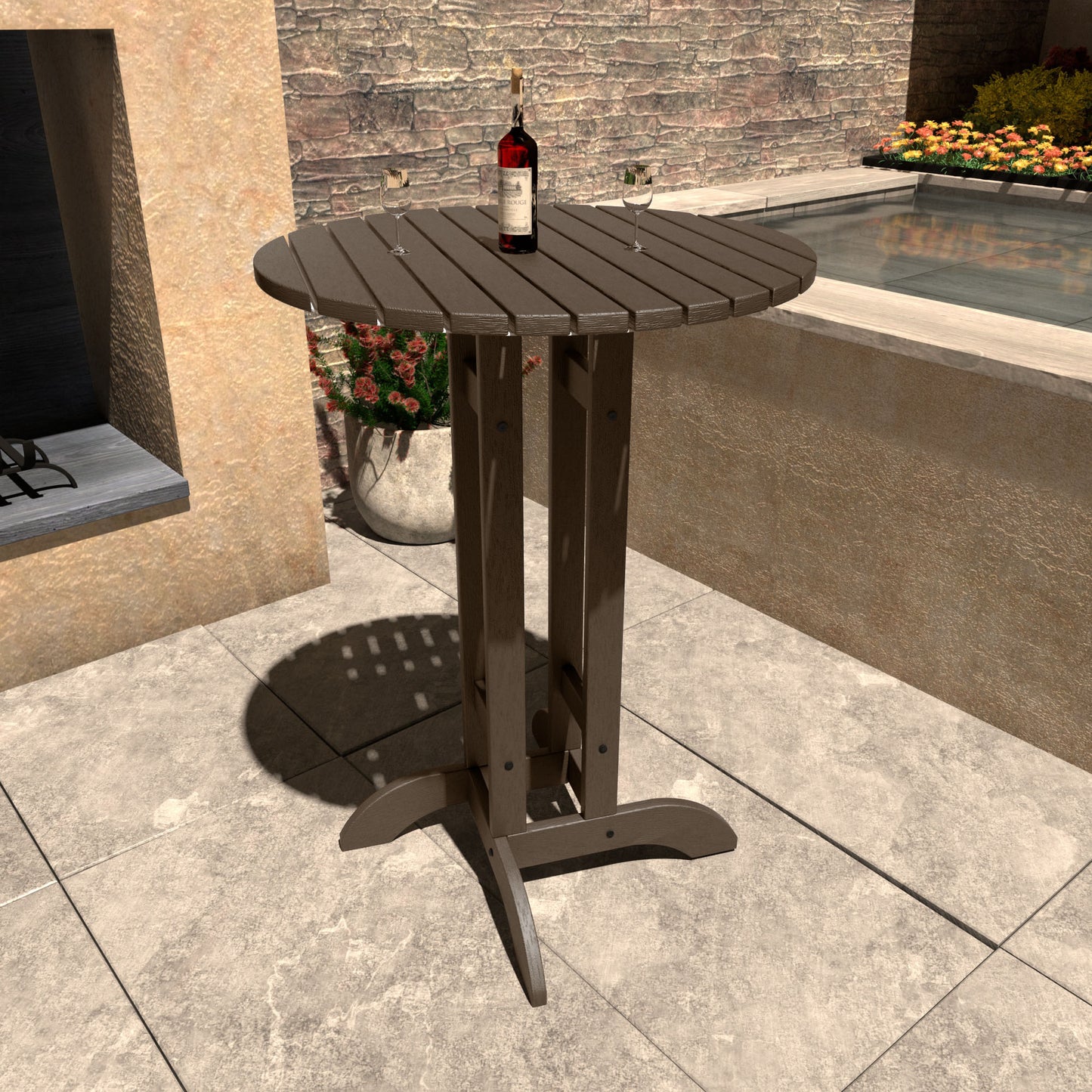 Brown 30in diameter bar height table with wine bottle and glasses