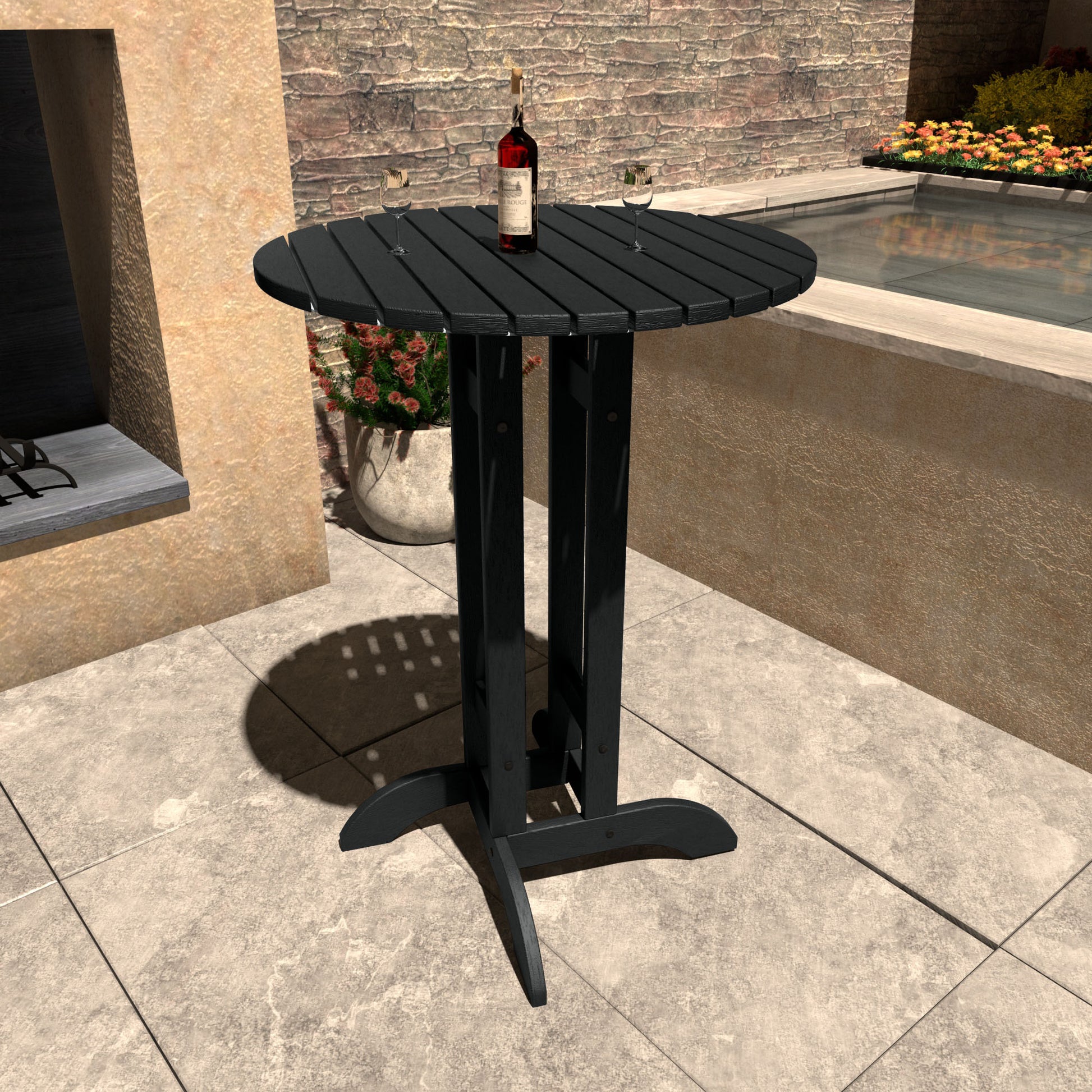 Black 30in diameter bar height table with wine bottle and glasses