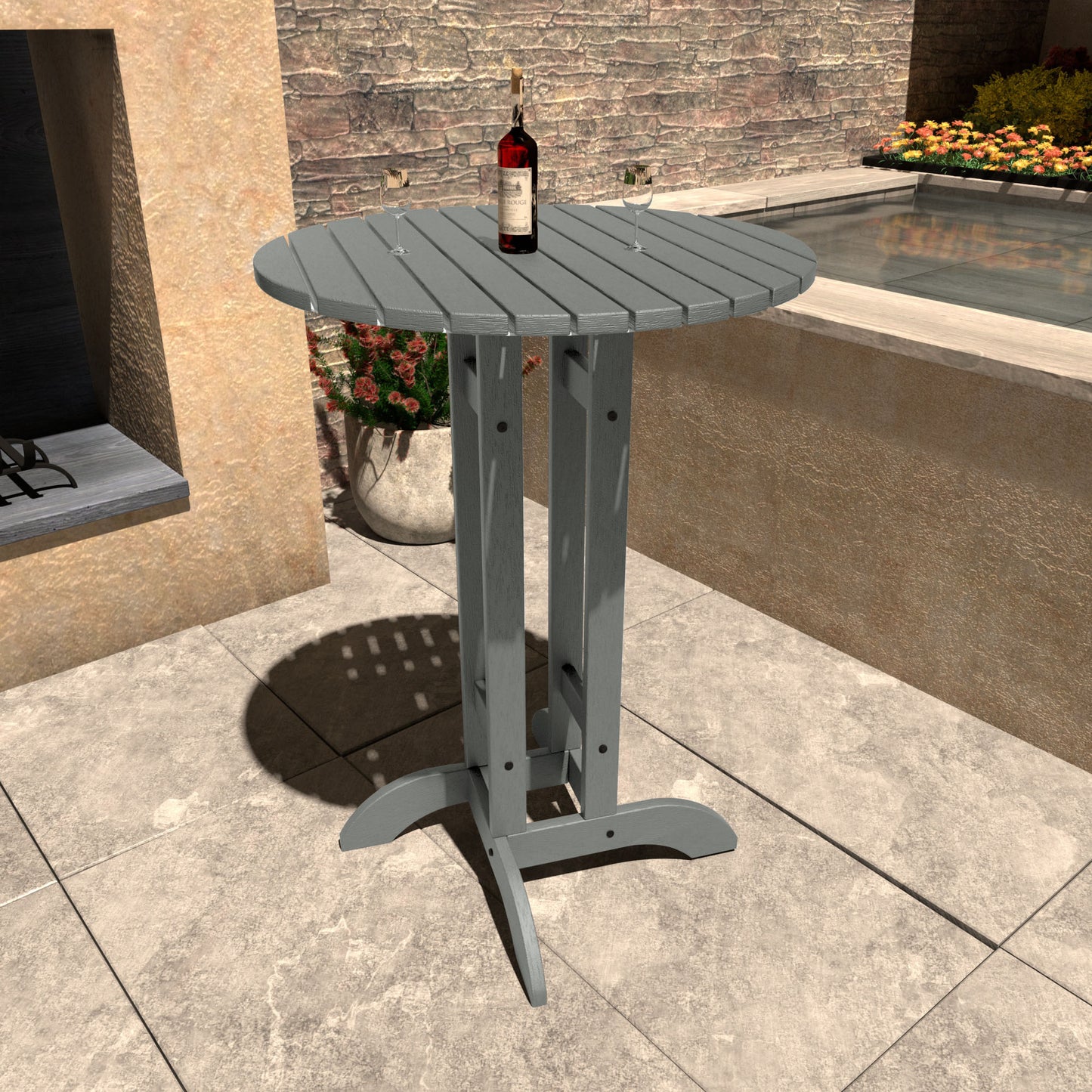 Gray 30in diameter bar height table with wine bottle and glasses