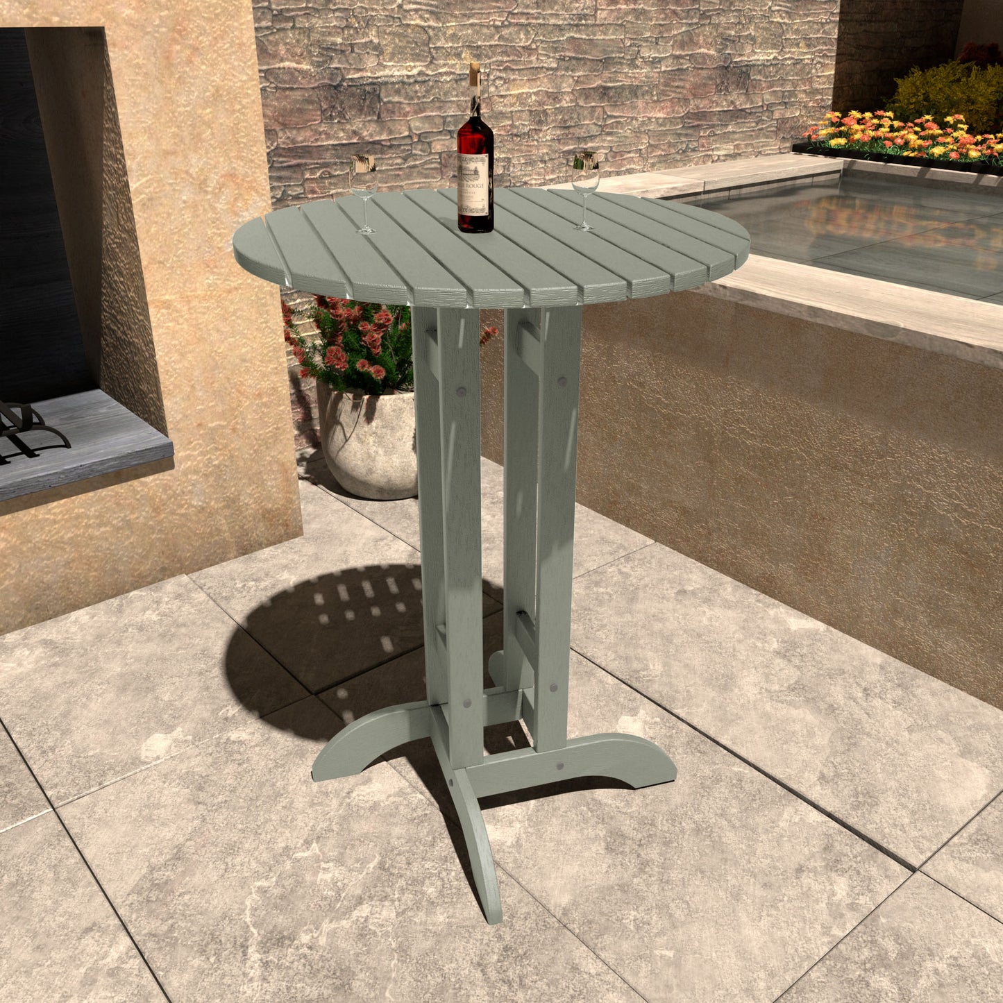 Light green 30in diameter bar height table with wine bottle and glasses