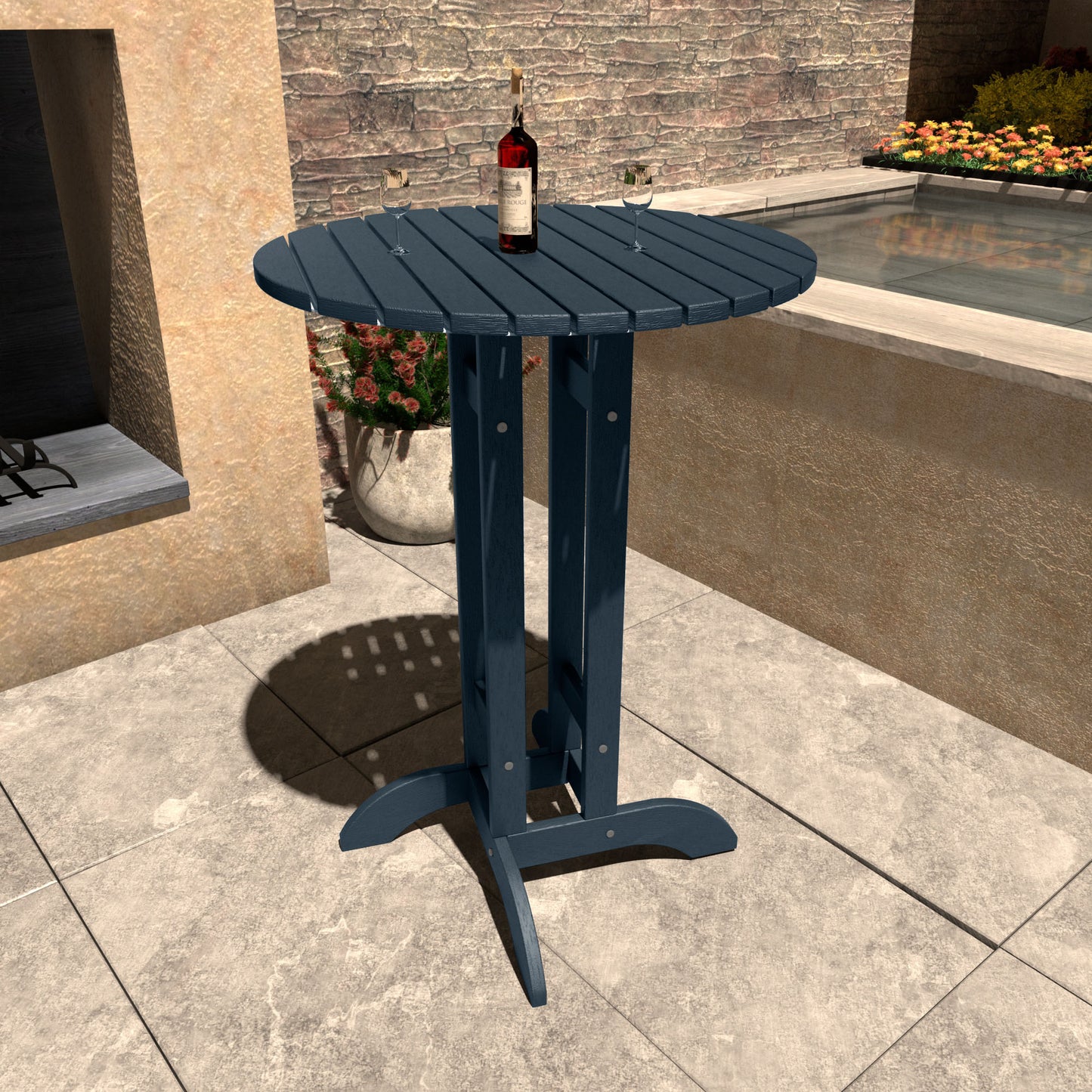 Dark blue 30in diameter bar height table with wine bottle and glasses