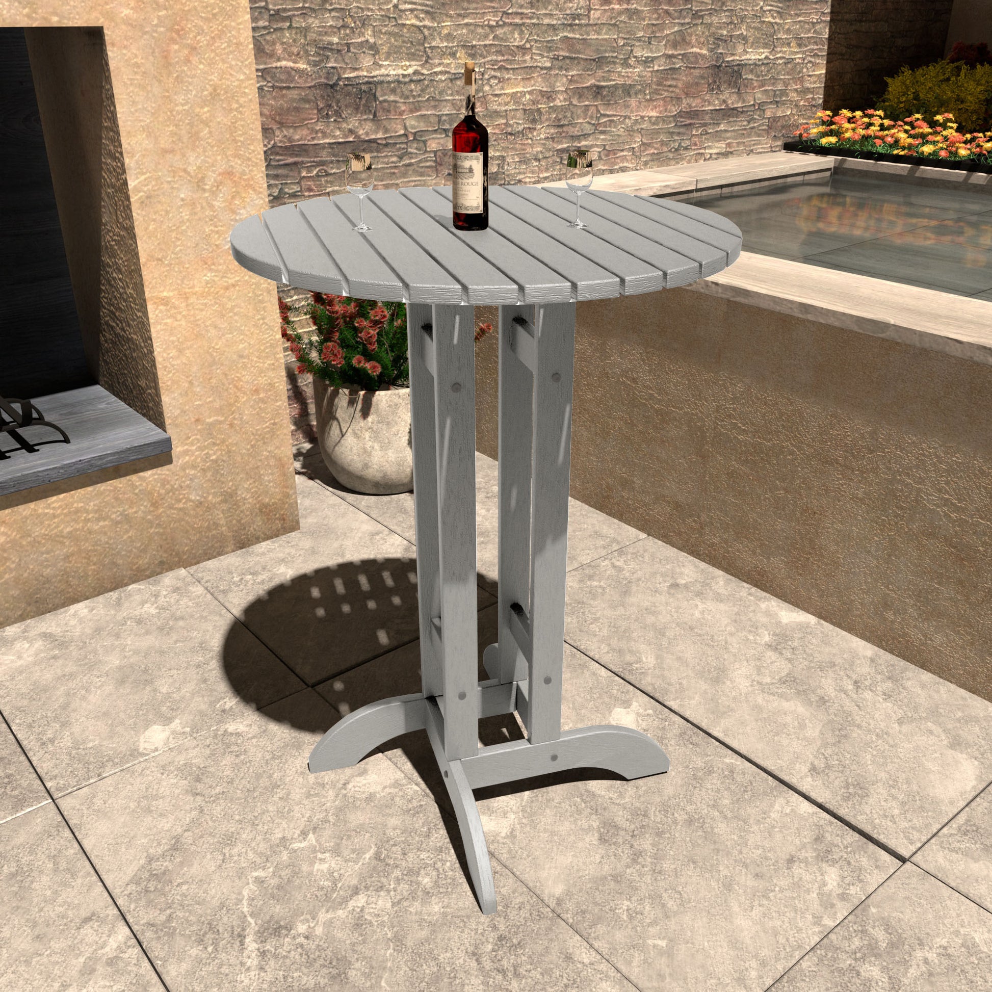 Light gray 30in diameter bar height table with wine bottle and glasses