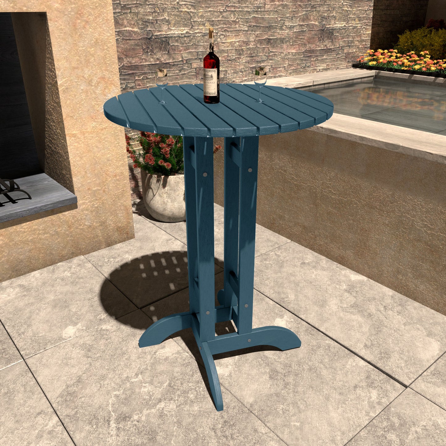 Light blue 30in diameter bar height table with wine bottle and glasses