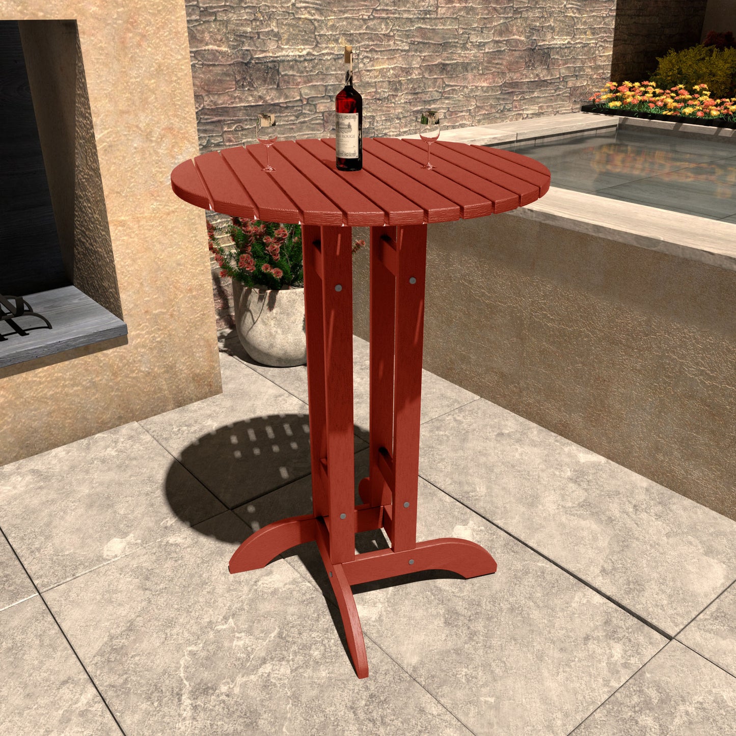 Red 30in diameter bar height table with wine bottle and glasses