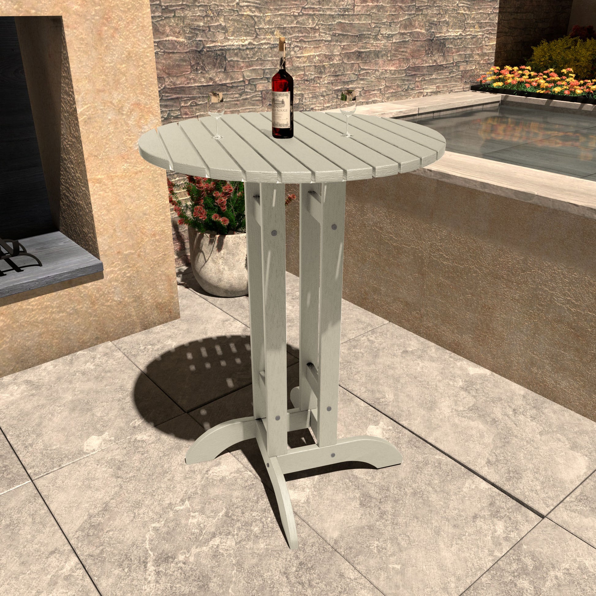 Whitewash 30in diameter bar height table with wine bottle and glasses