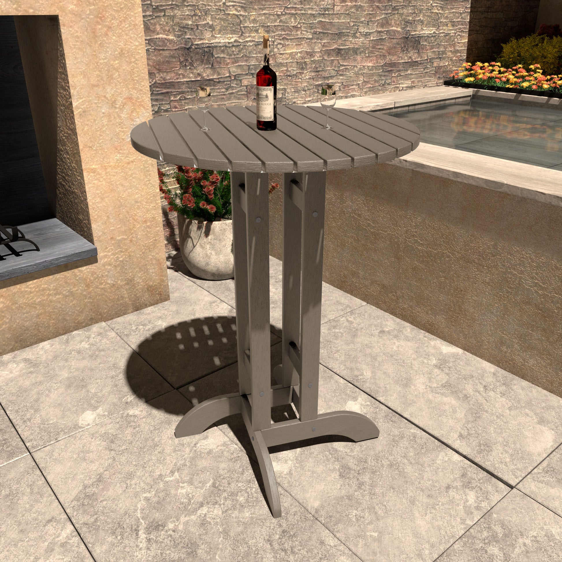 Light brown 30in diameter bar height table with wine bottle and glasses