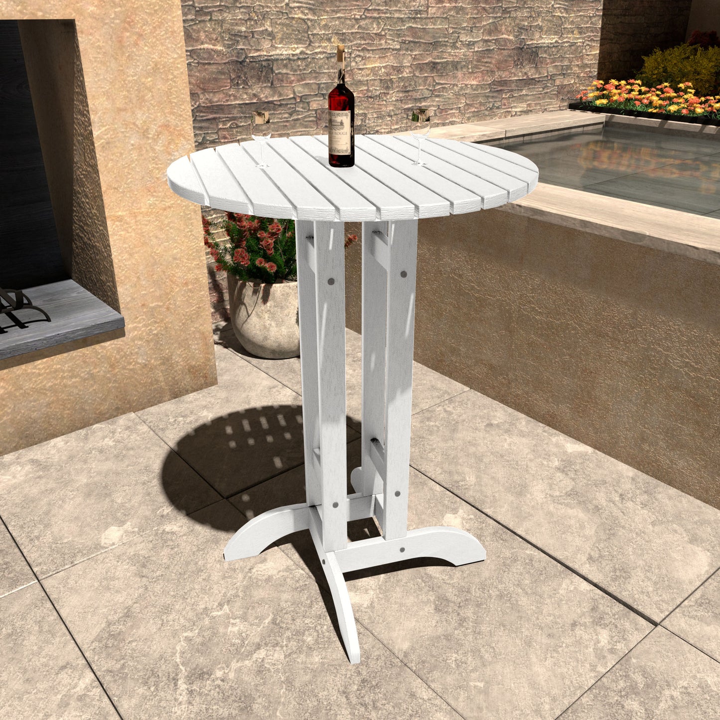 White 30in diameter bar height table with wine bottle and glasses