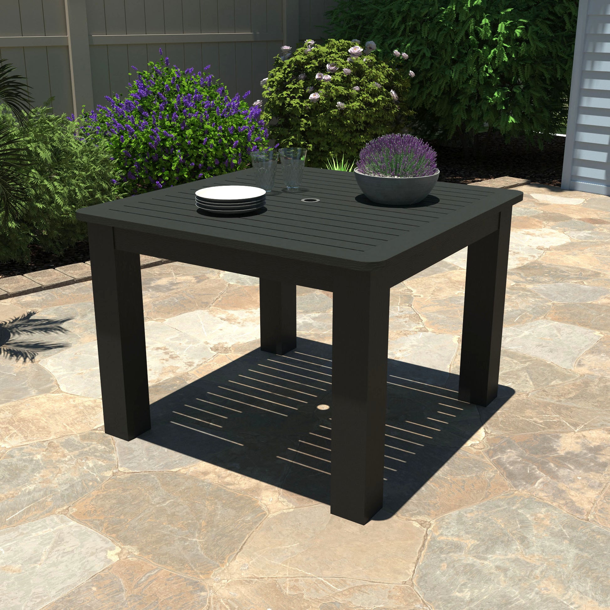 Black Homestead Square 42x42 table with plates and plant