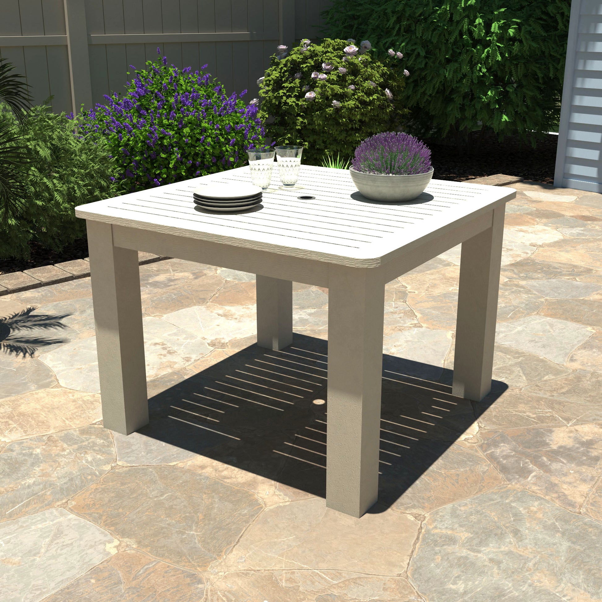 Whitewash Homestead Square 42x42 table with plates and plant