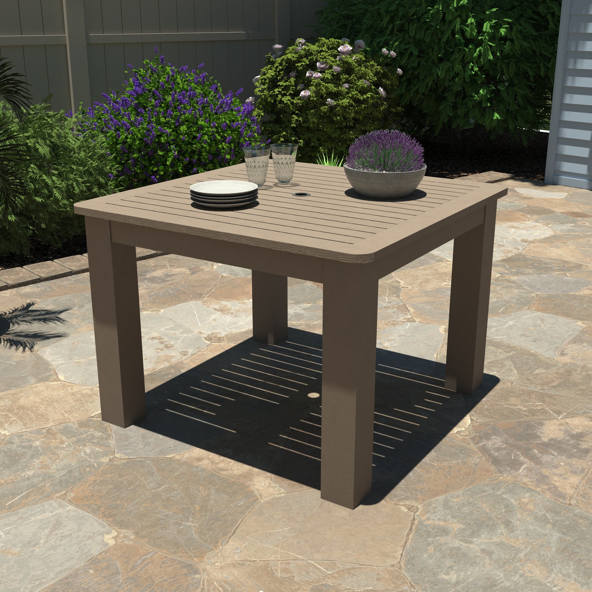 Light brown Homestead Square 42x42 table with plates and plant