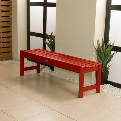 5ft Red Blue Ridge backless bench in stone porch area