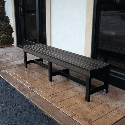 6ft black Blue Ridge backless bench on stone porch