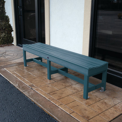6ft light blue Blue Ridge backless bench on stone porch