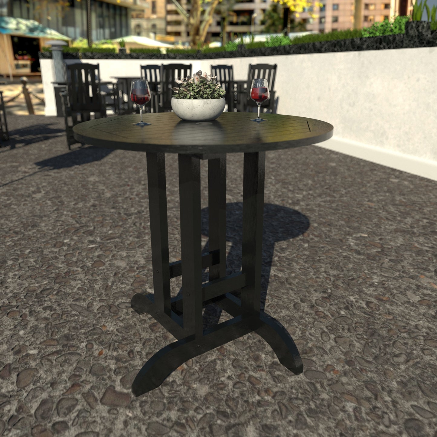 Black 36” diameter counter height table with wine glasses