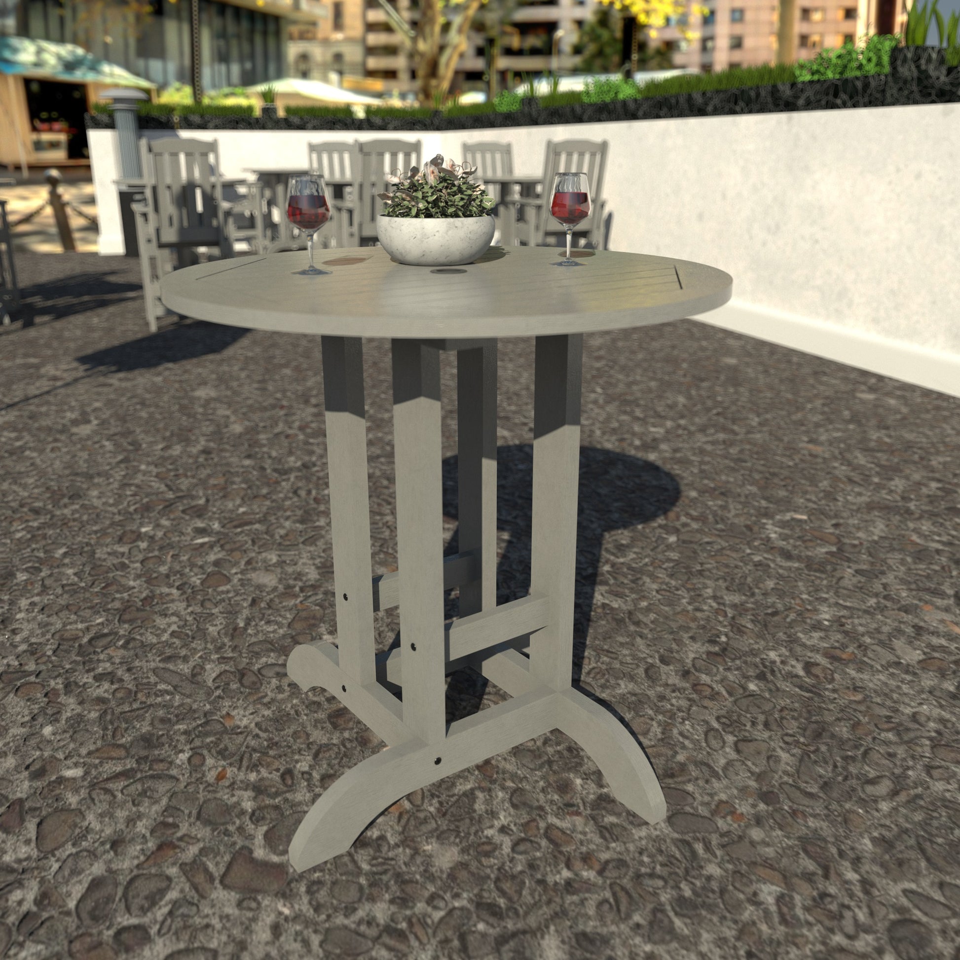 Gray 36” diameter counter height table with wine glasses