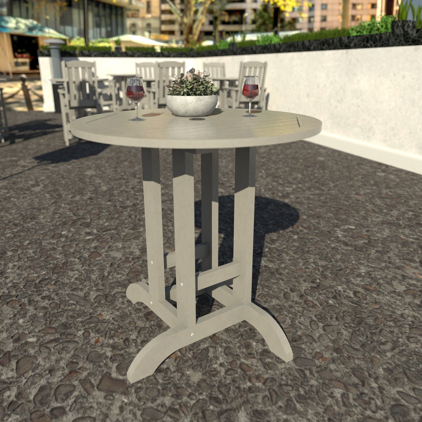 Light gray 36” diameter counter height table with wine glasses