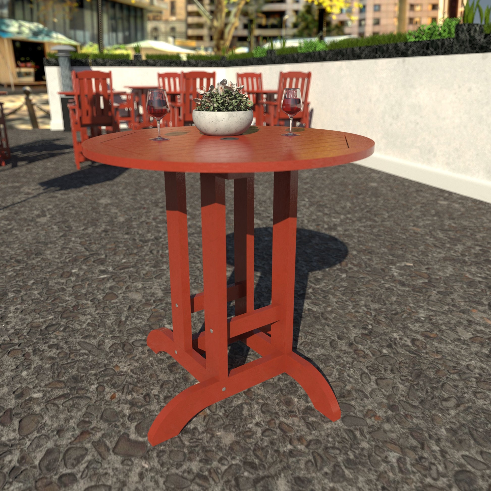 Red 36” diameter counter height table with wine glasses