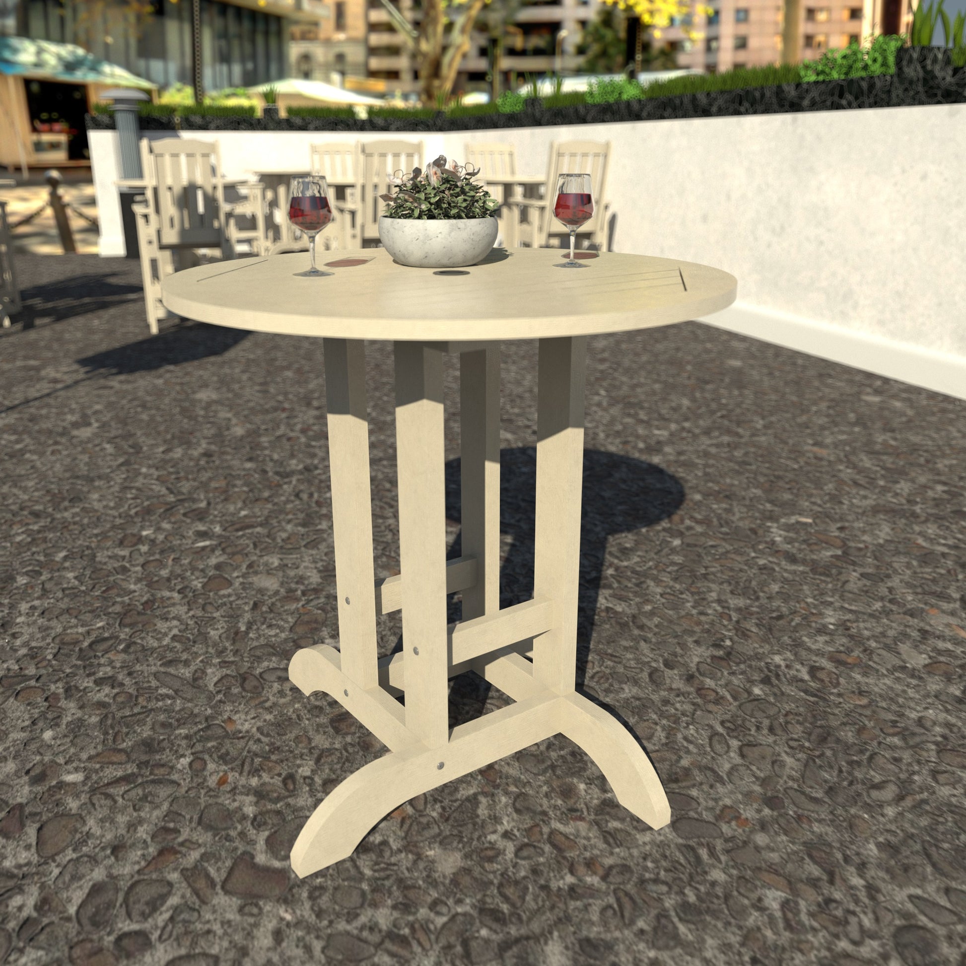 Whitewash 36” diameter counter height table with wine glasses