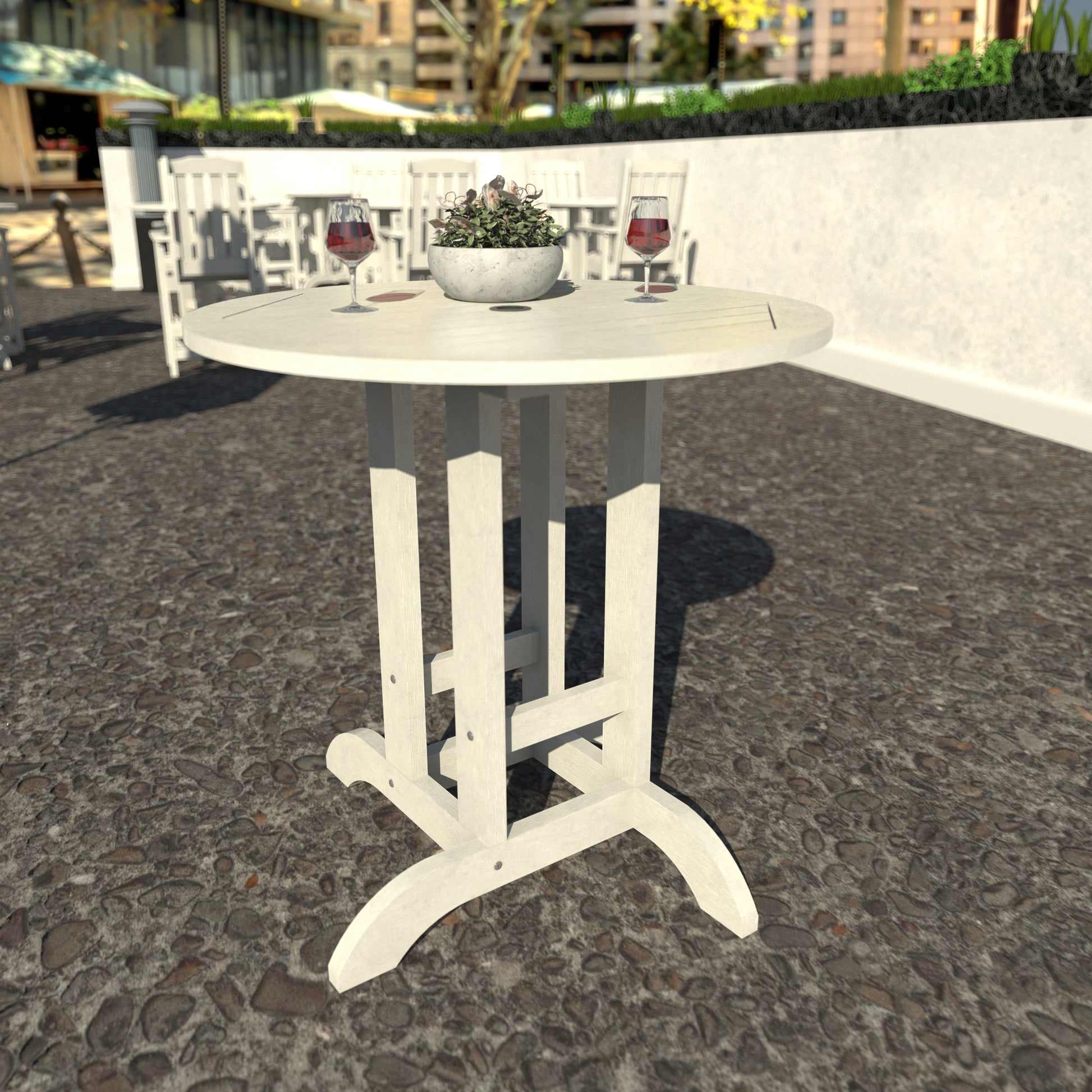 White 36” diameter counter height table with wine glasses