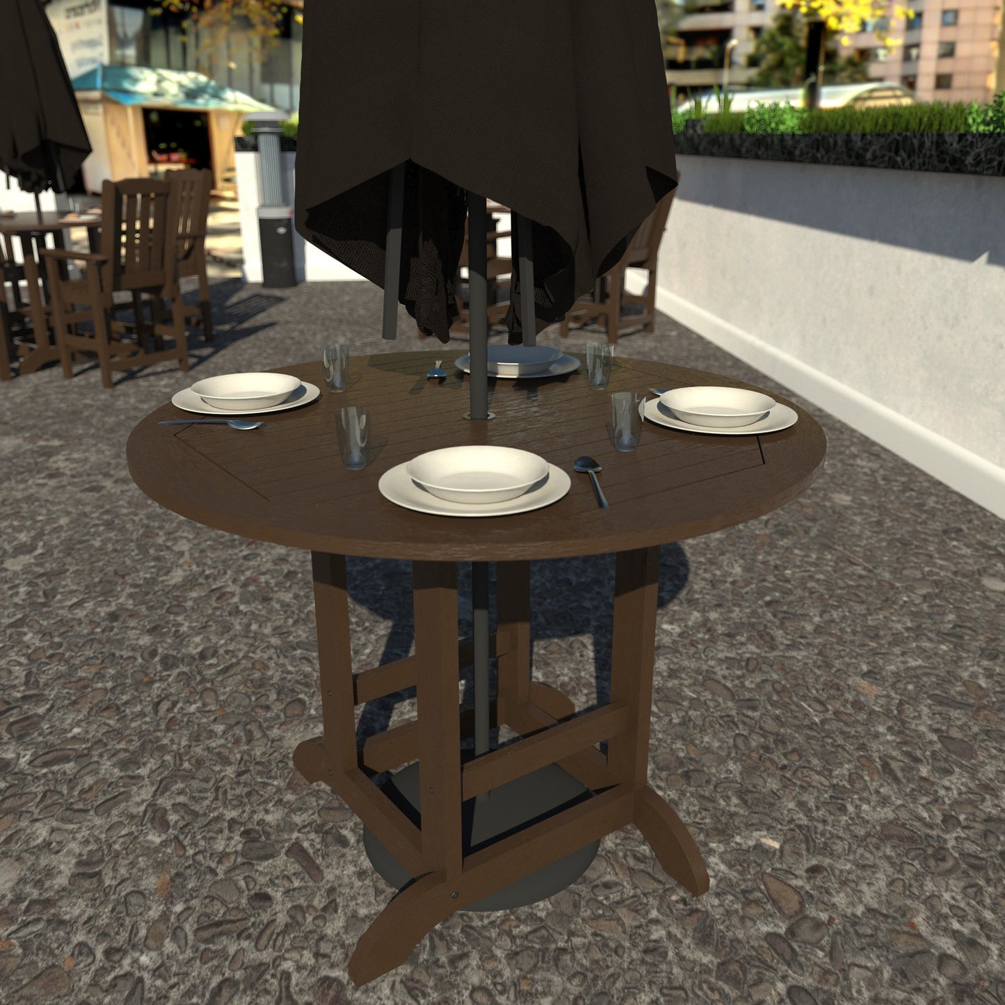 Brown 48in diameter dining height table with plates set